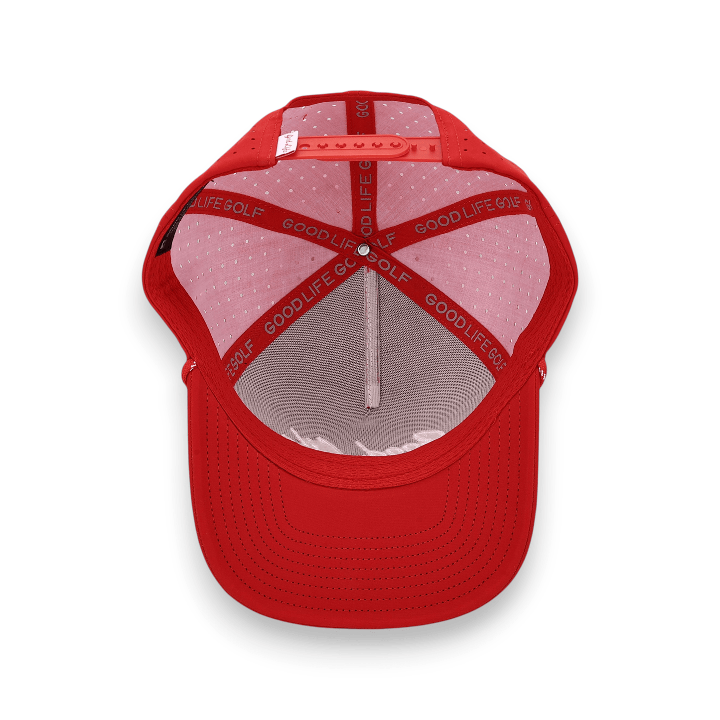Good Life Golf Performance Big Red Snapback with embroidered lettering white front rope, water and sweat resistant perforated sides. Nebraska inspired.