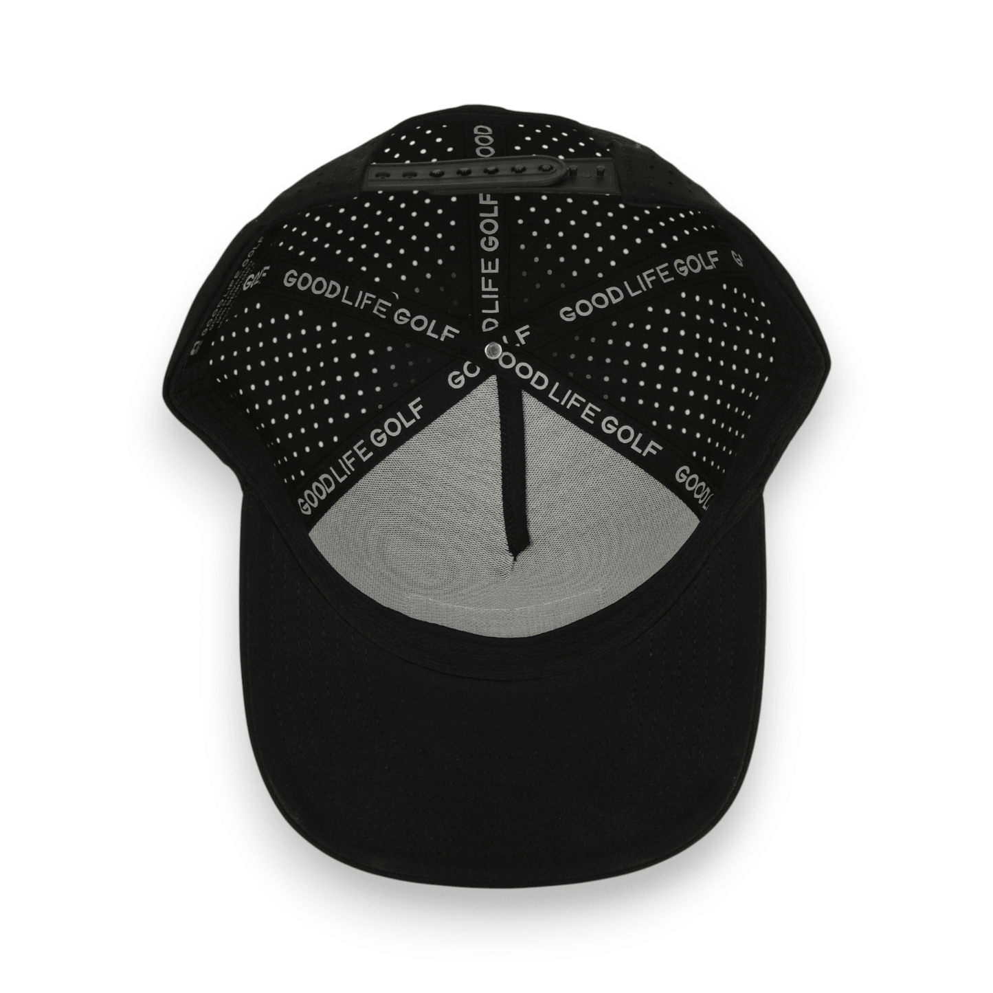 Good Life Golf Performance Black Camo Snapback with gray and black PVC patch water and sweat resistant perforated sides.