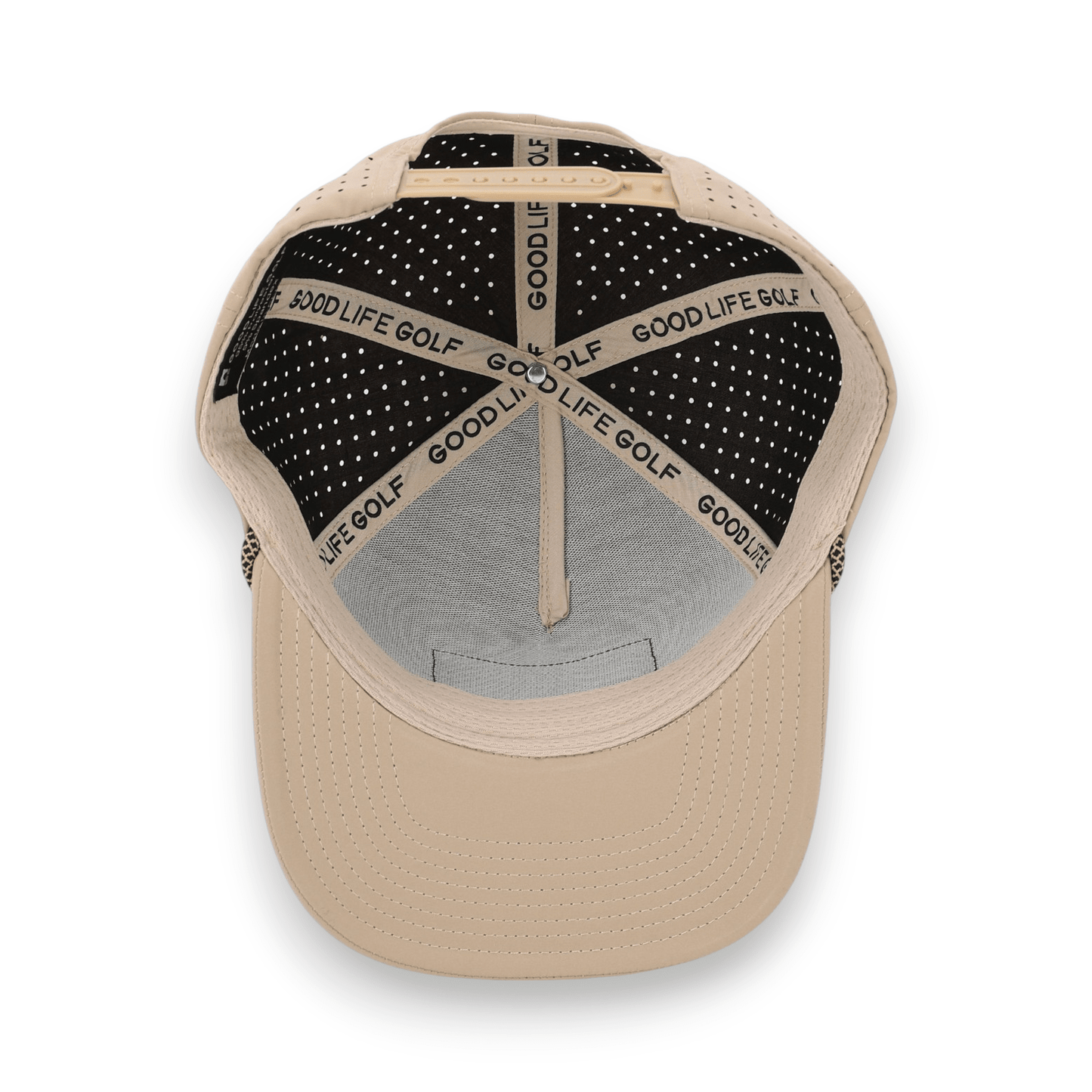 Good Life Golf Performance Desert Khaki Snapback with black and khaki front PVC patch black and khaki checkered rope, water and sweat resistant perforated sides.