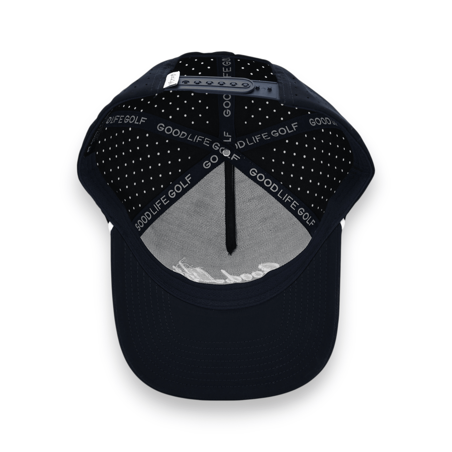 Good Life Golf Performance Navy Blue Captain Snapback with embroidered lettering white front rope, water and sweat resistant perforated sides.