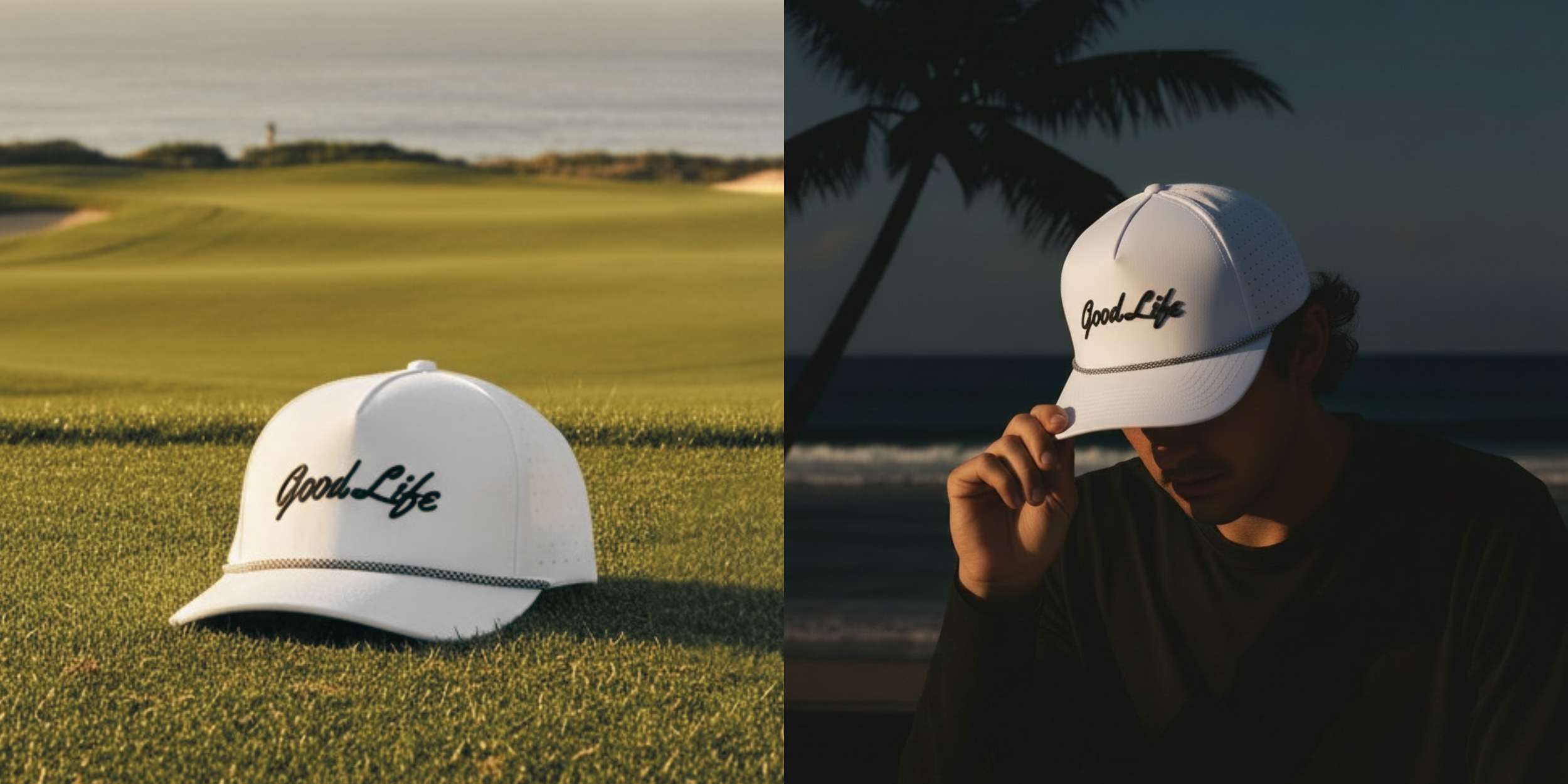 A white snapback cap with 'Good Life' embroidered on the front, shown in two settings: resting on a grassy golf course and worn by a person on a beach at sunset.