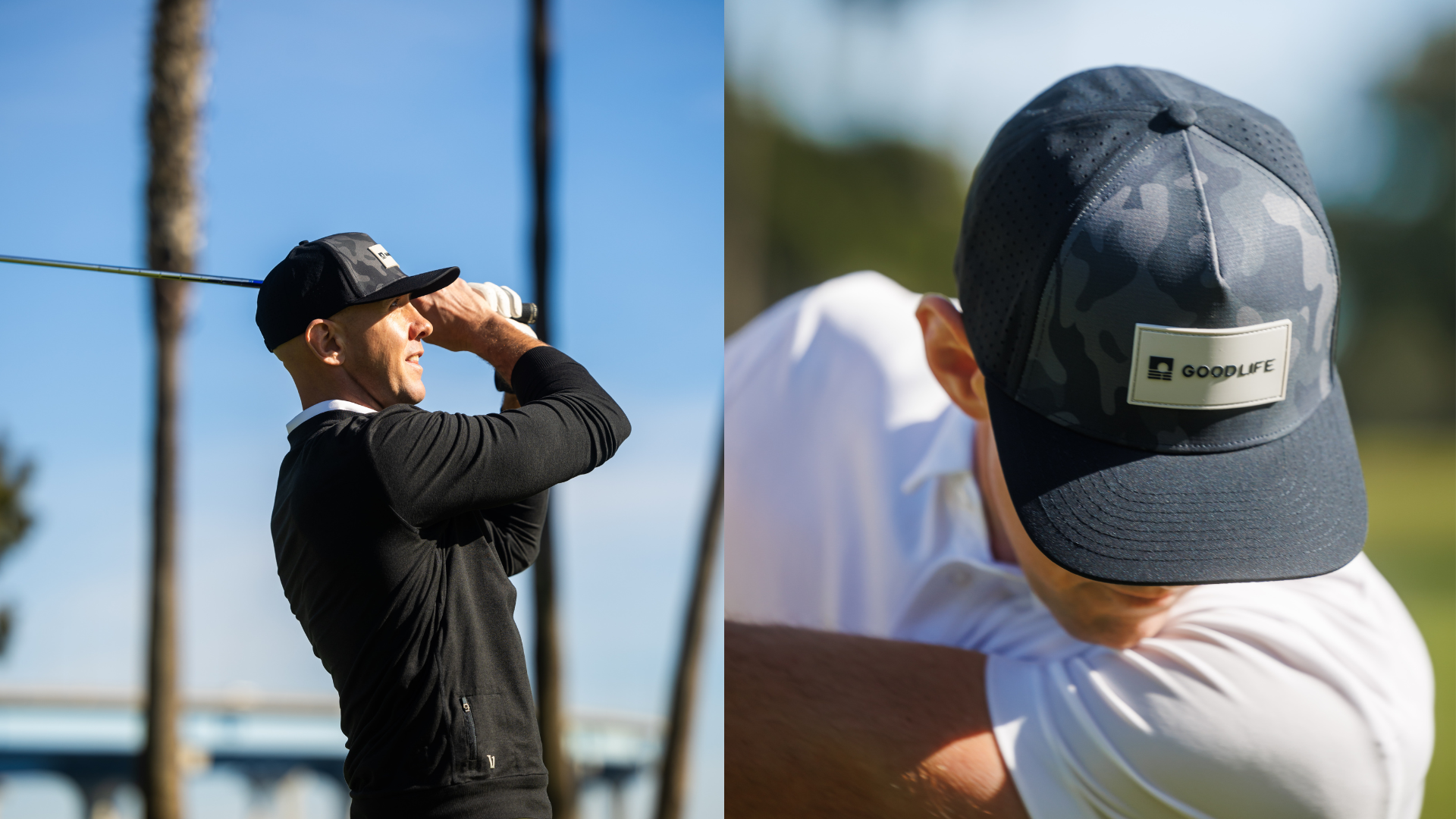 A split-screen lifestyle image showing a man on a golf course. The left panel shows him mid-swing wearing a black cap with a white logo.