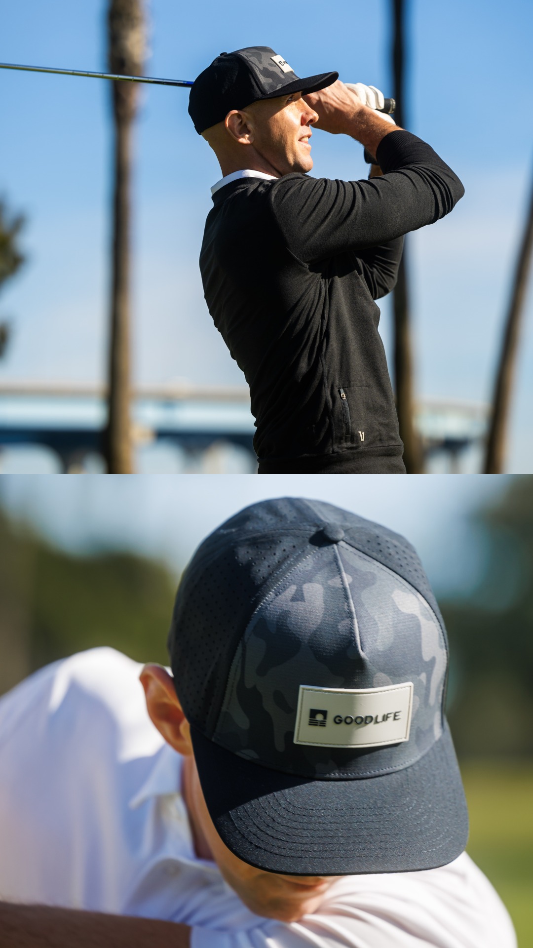 A split-screen lifestyle image showing a man wearing a black long-sleeve athletic top and a black cap with a white GoodLife logo, outdoors on a golf course. The bottom half is a close-up of the cap, showing its dark gray and black camouflage pattern and the GoodLife brand patch on the front.