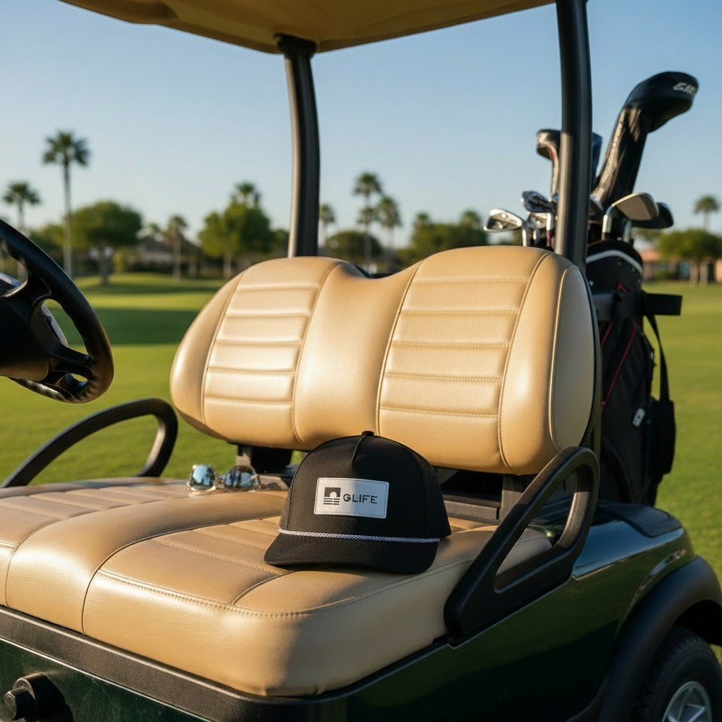 Black cap with a logo on a beige golf cart seat with palm trees in the background