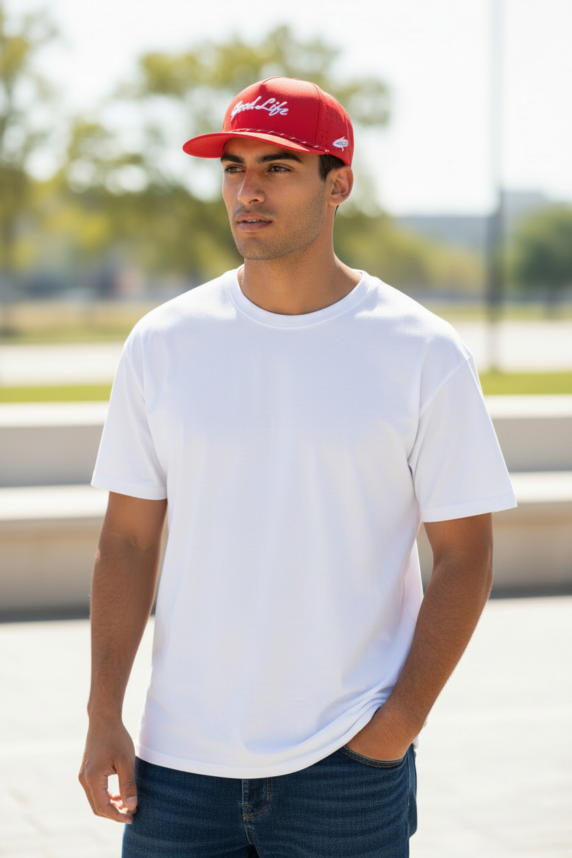 Man wearing a red cap with 'Good Life' font and white t-shirt outdoors