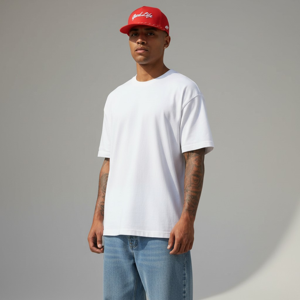 A man wearing a plain white crewneck t-shirt, blue jeans, and a red snapback cap with white script text, standing against a neutral gray studio background.