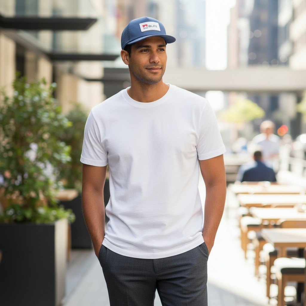 Man wearing a white t-shirt and blue cap standing outdoors with blurred background