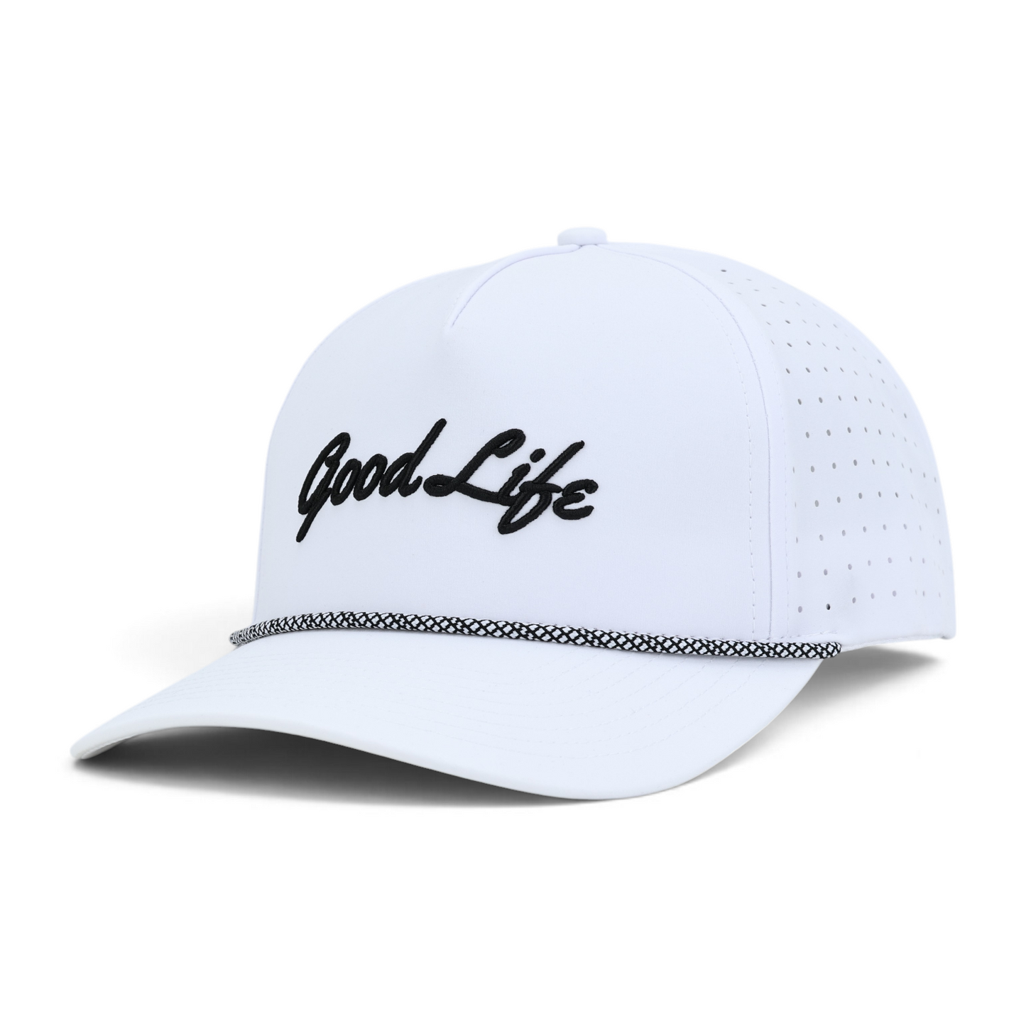 A white snapback cap with 'Good Life' embroidered in black script on the front, featuring a black and white patterned rope detail across the brim and perforated side panels, set against a plain white background.