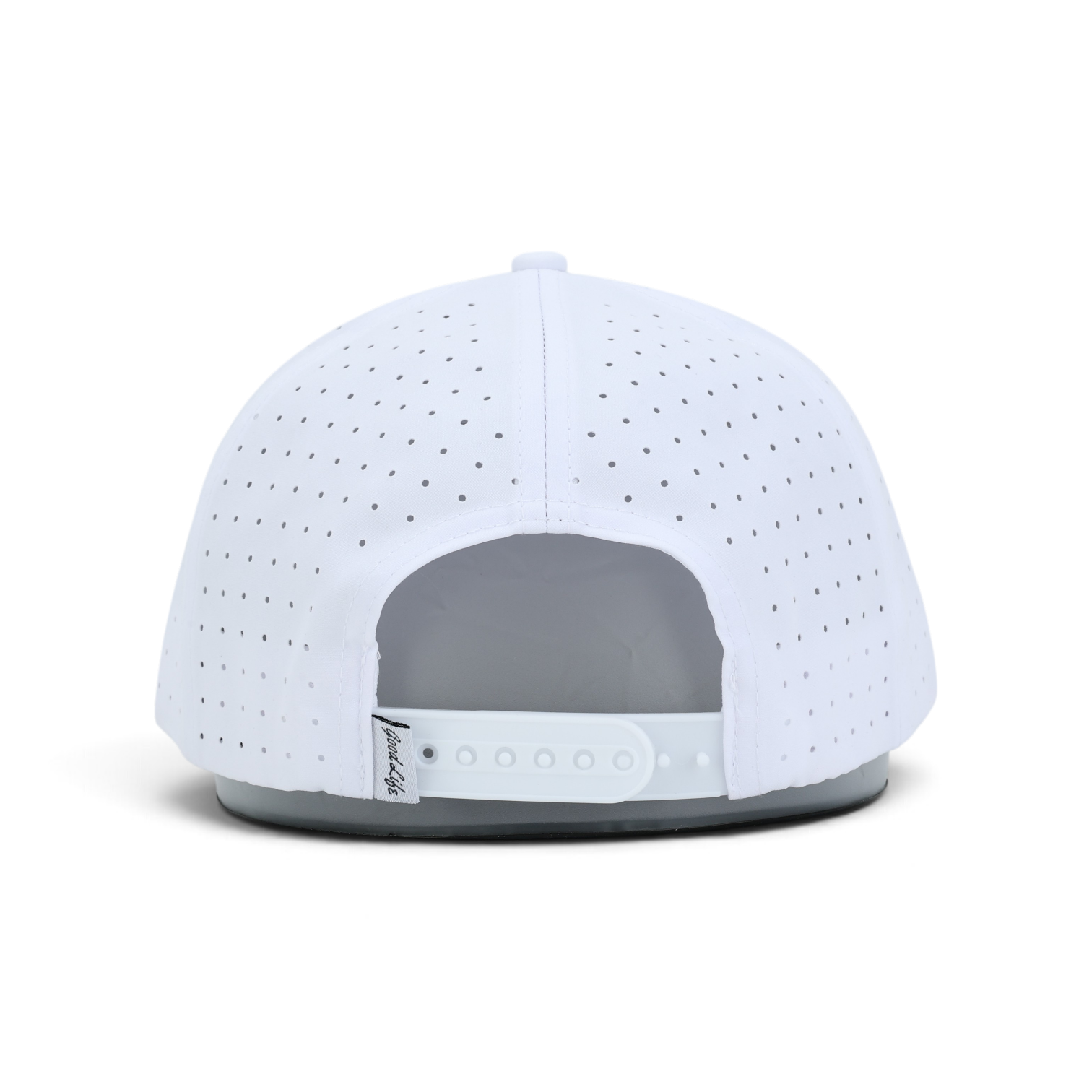 White snapback snapback cap shown from the back, featuring a light gray adjustable strap and a small black brand tag on the side.