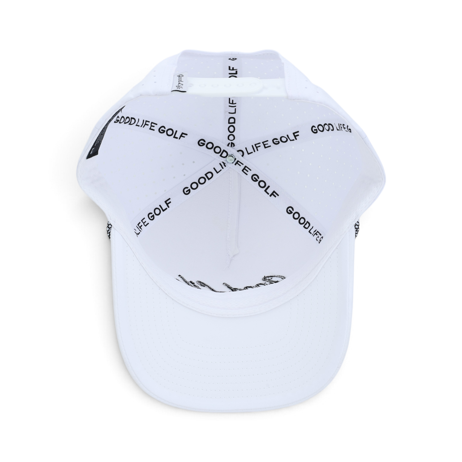 A white snapback cap with black 'GOOD LIFE GOLF' text printed repeatedly across the front panels, photographed on a clean white background.