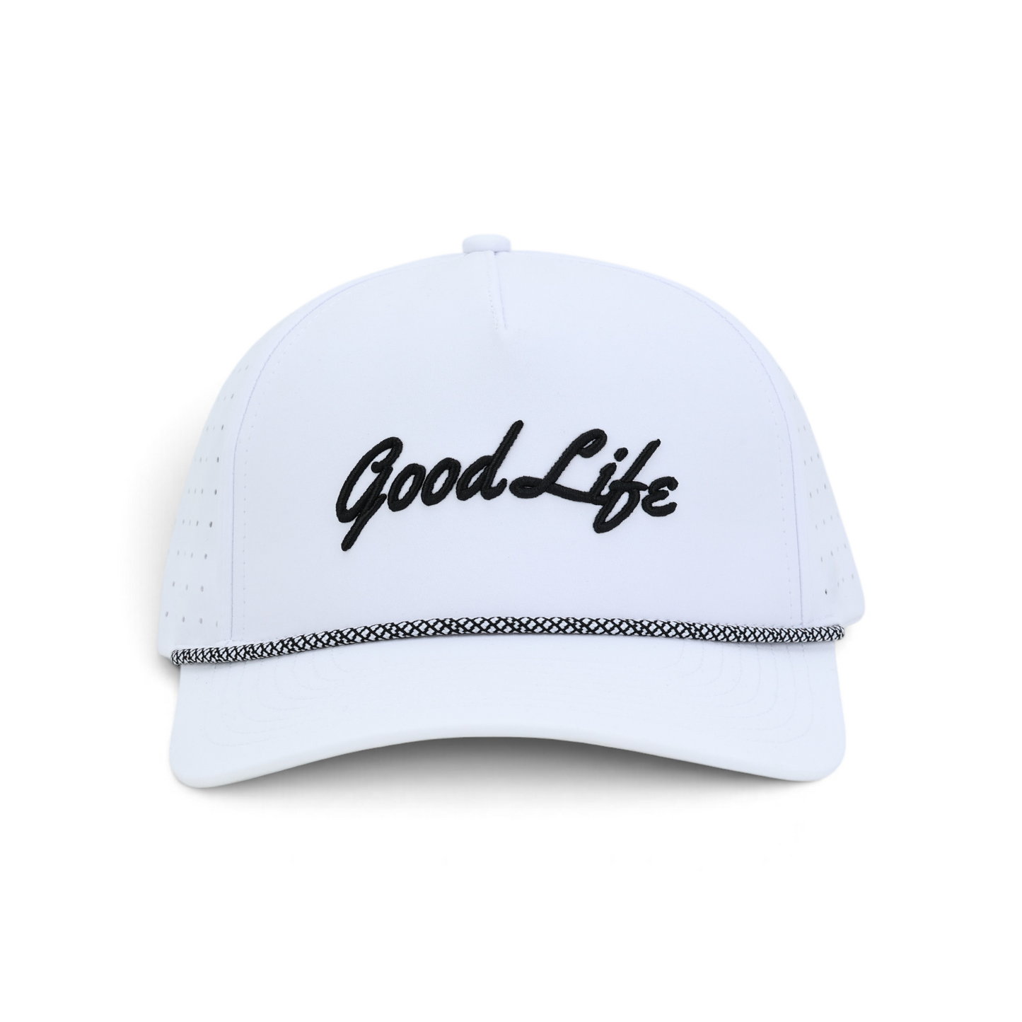 A white snapback cap with 'Good Life' embroidered in black script across the front, featuring a black and white patterned trim along the brim, set against a plain white background.
