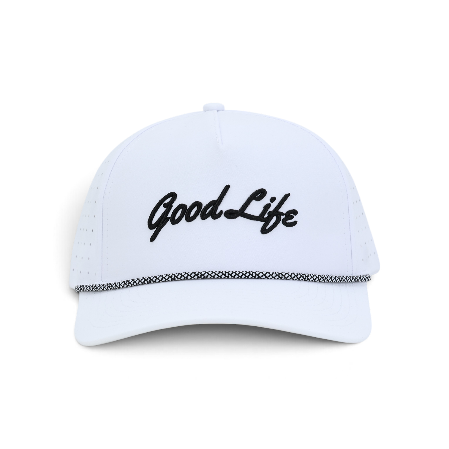 A white snapback cap with 'Good Life' embroidered in black script across the front, featuring a black and white patterned trim along the brim, set against a plain white background.