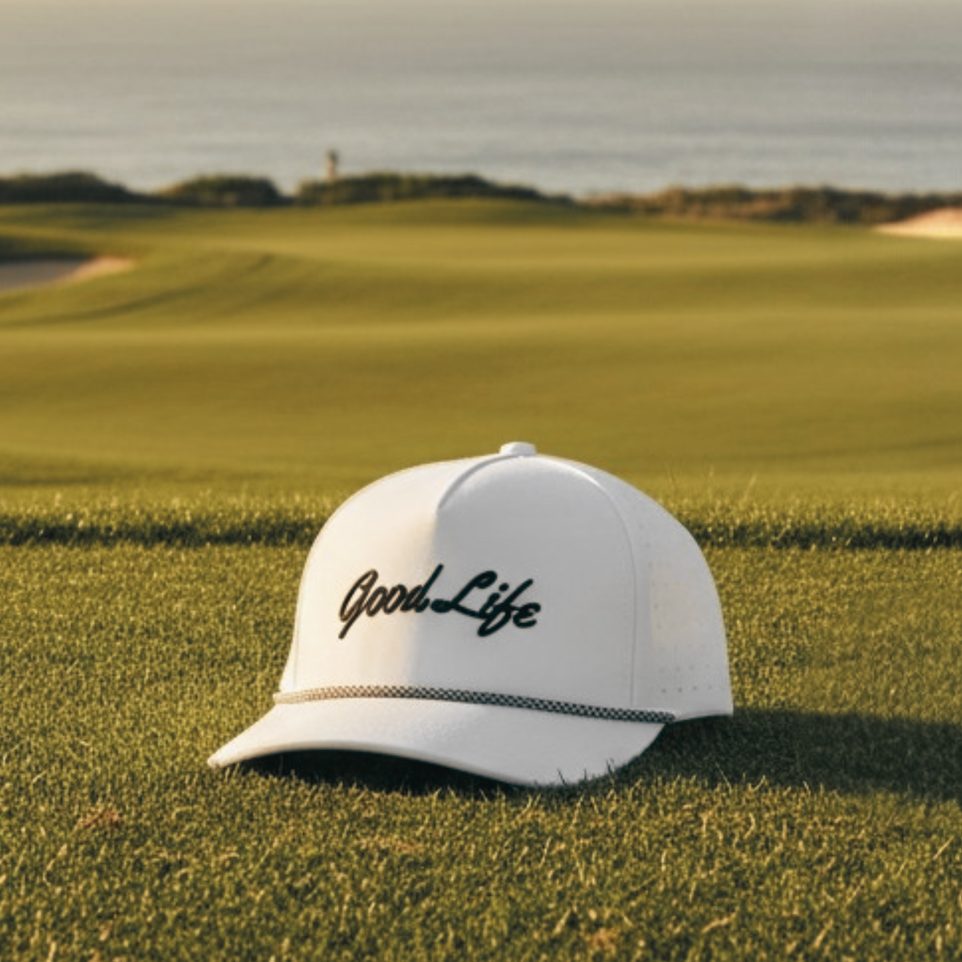 A white snapback cap with 'Good Life' embroidered in black script on the front, resting on a green golf course with the ocean in the background.