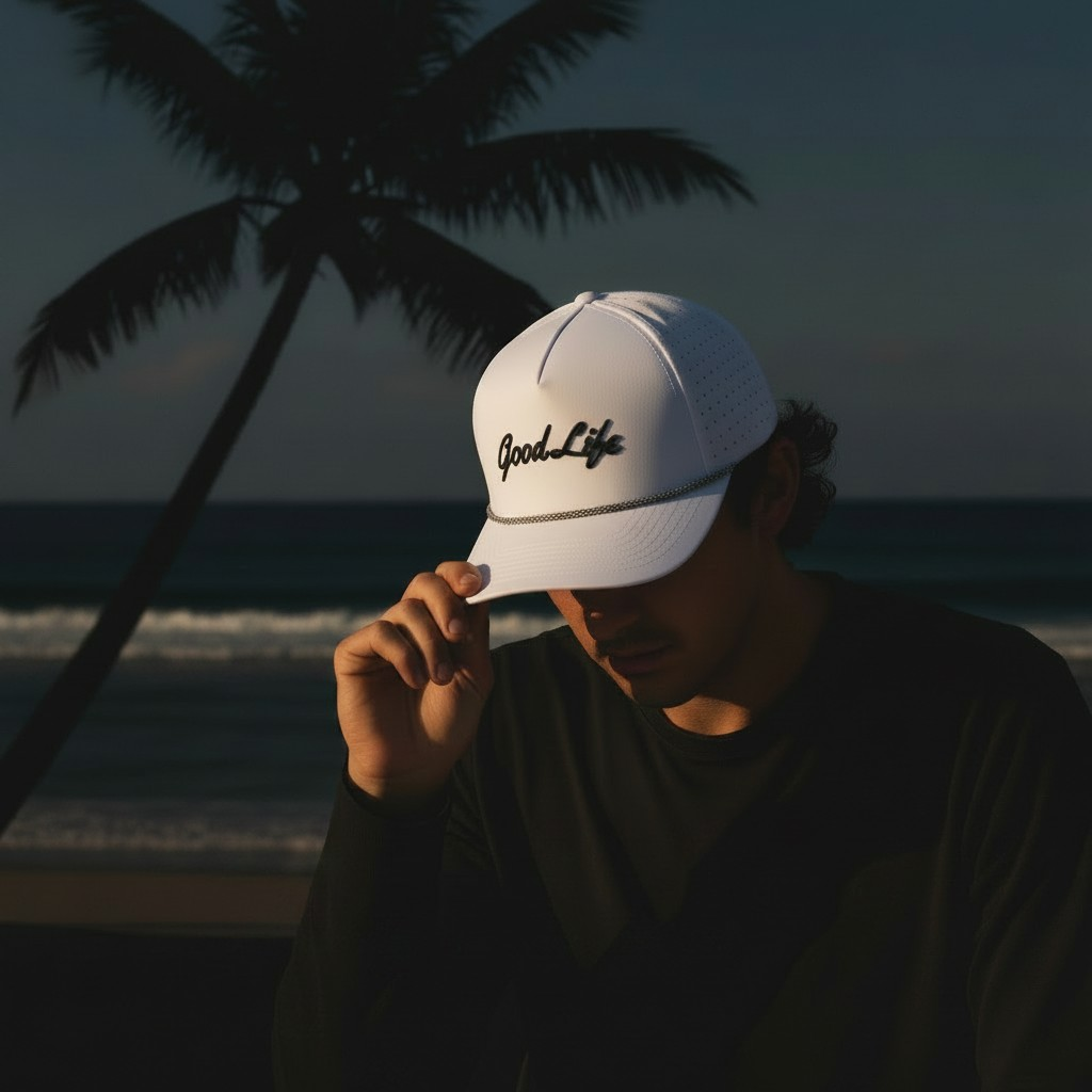 A man on a beach at sunset wearing a white snapback cap with 'Good Life' embroidered in black script on the front, with a dark silhouette of a palm tree and ocean in the background.