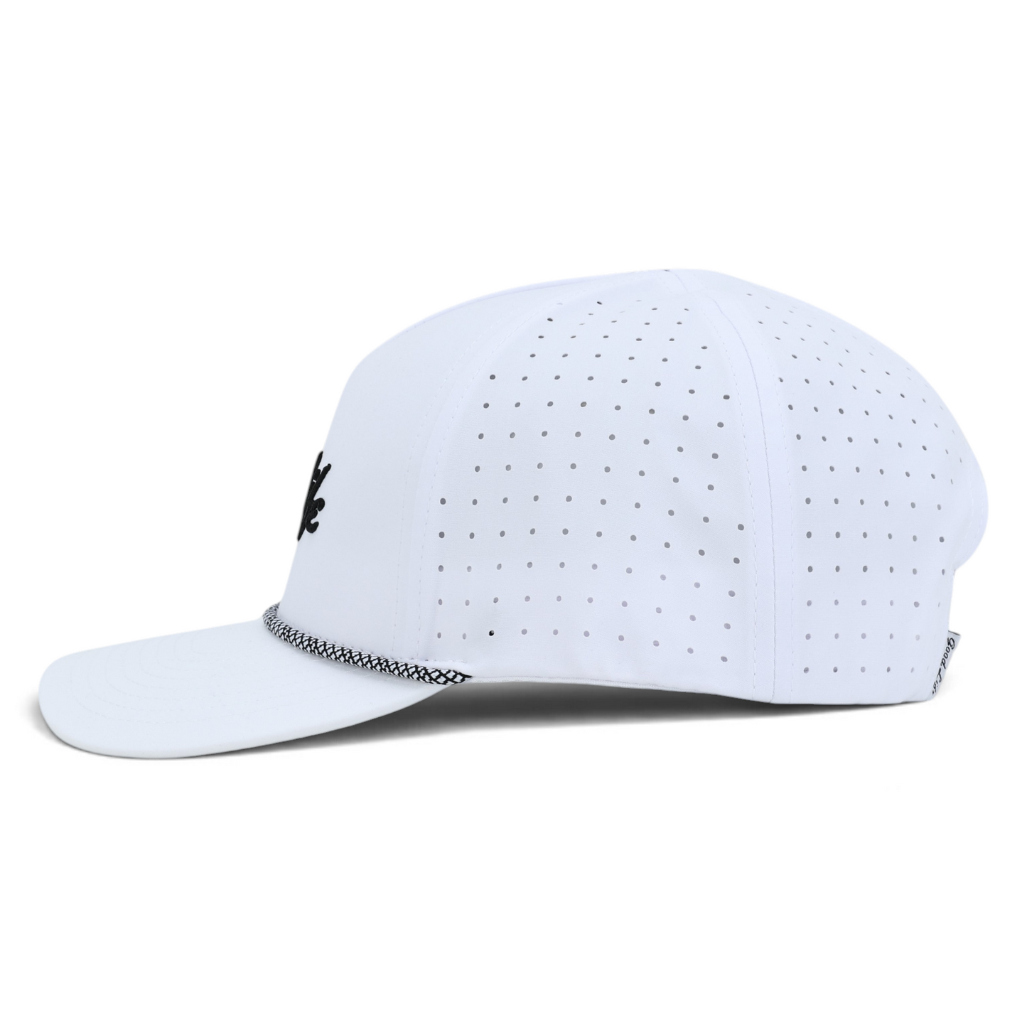 A white snapback baseball cap with a perforated pattern on the crown, a curved brim, a small black embroidered logo on the side, and a silver chain detail along the edge of the brim, shown against a plain white background.