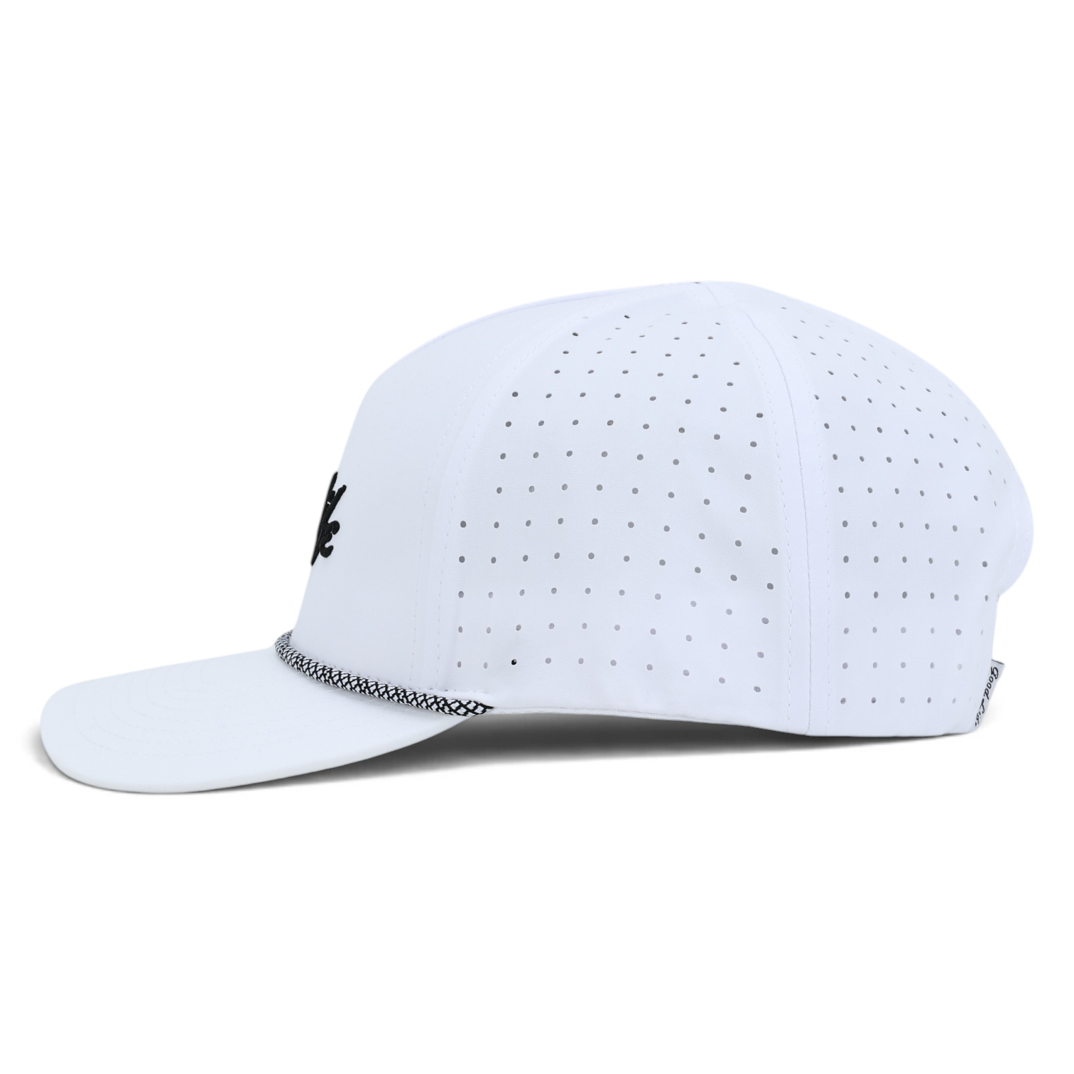 A white snapback baseball cap with a perforated pattern on the crown, a curved brim, a small black embroidered logo on the side, and a silver chain detail along the edge of the brim, shown against a plain white background.