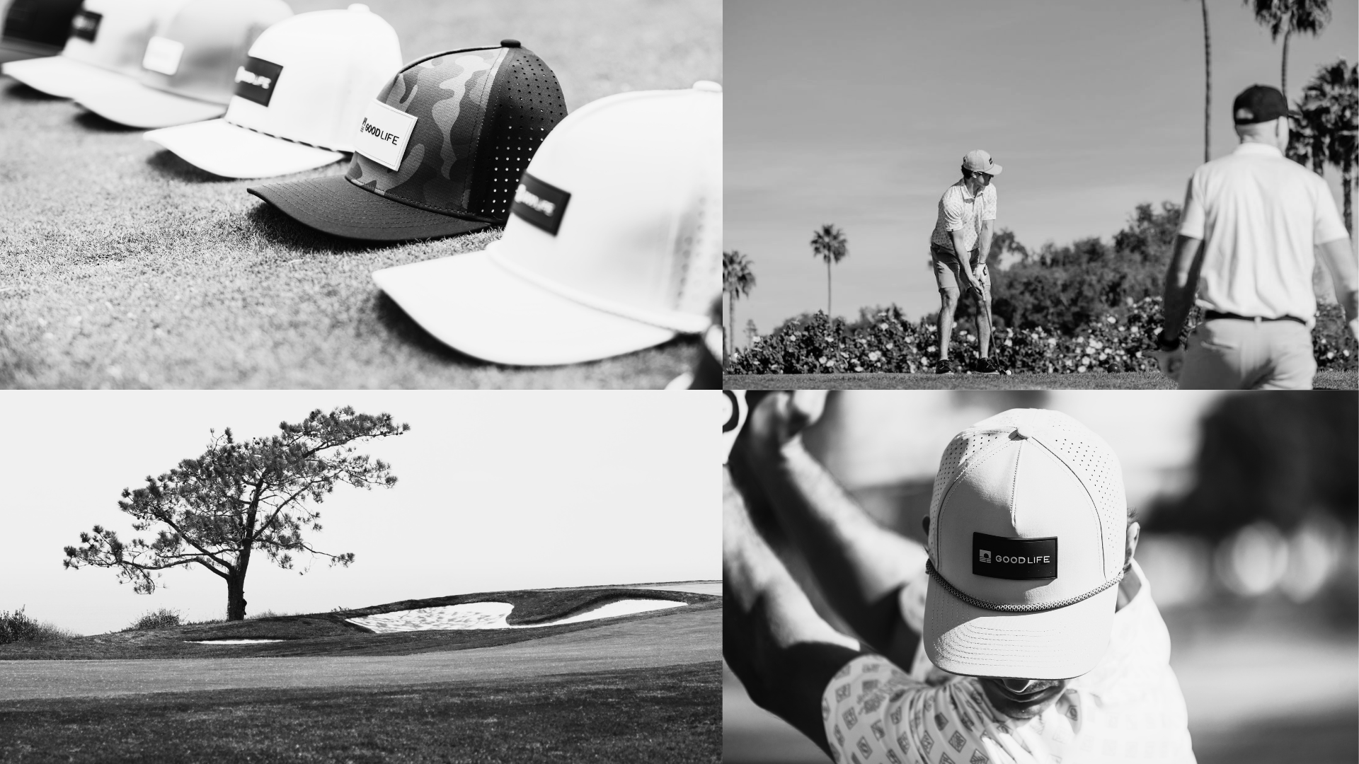 A black and white four-panel collage showing golf-themed scenes and hats: several baseball caps lined up on grass, a golfer standing on a course, a golf course landscape with a tree, and a close-up of a golfer wearing a cap with a visible 'GOLF LIFE' patch.