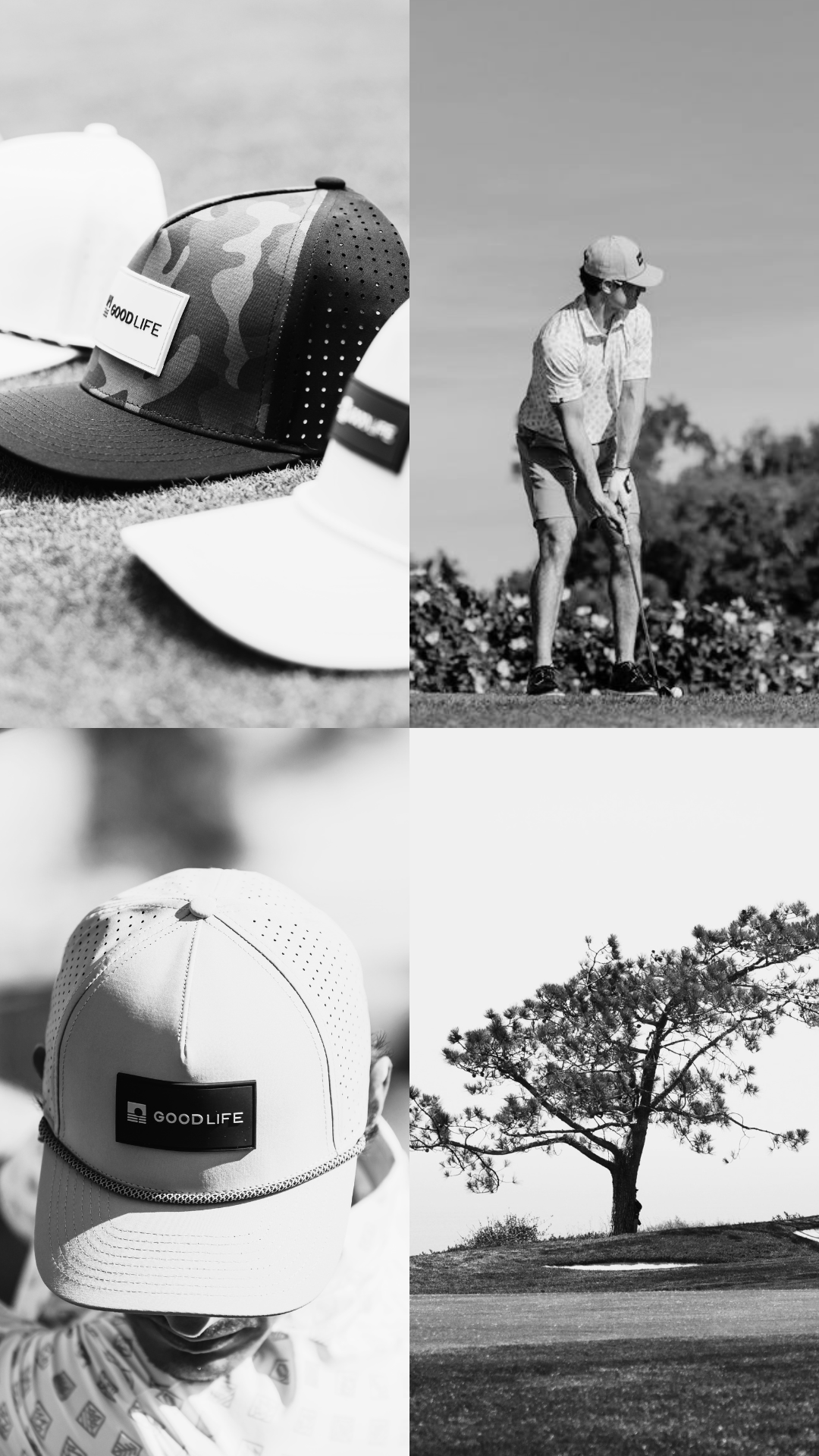 A four-panel black and white collage showcasing a trucker-style baseball cap. The top-left panel shows the cap with a dark camouflage pattern and a white 'TWO LIFE' patch on the side.