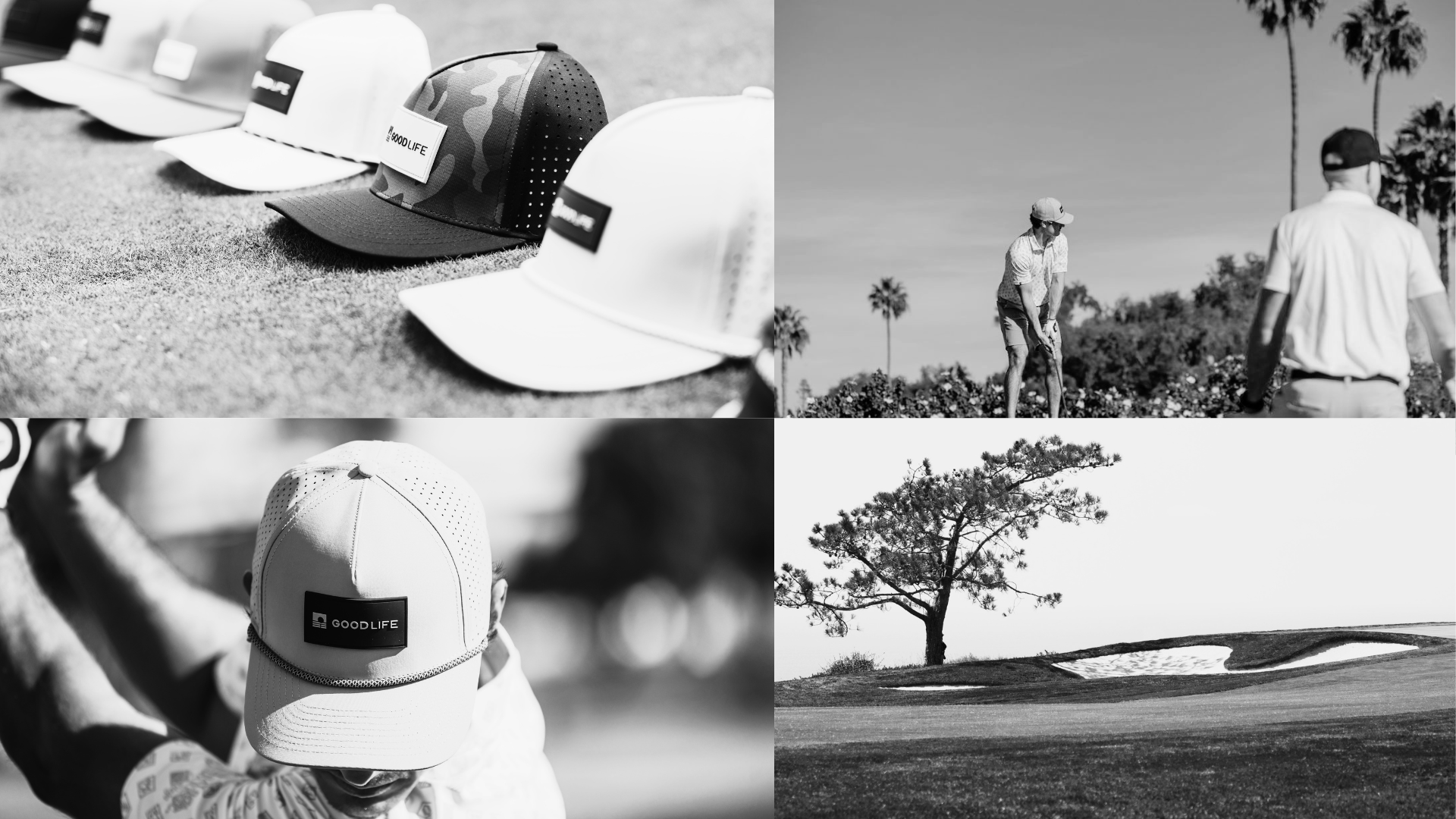 A four-panel black and white collage showing golfers wearing a brand cap with a rectangular logo patch on the front. The panels include close-ups of the cap, a golfer mid-swing, another golfer standing on a golf course, and a scenic golf course background.