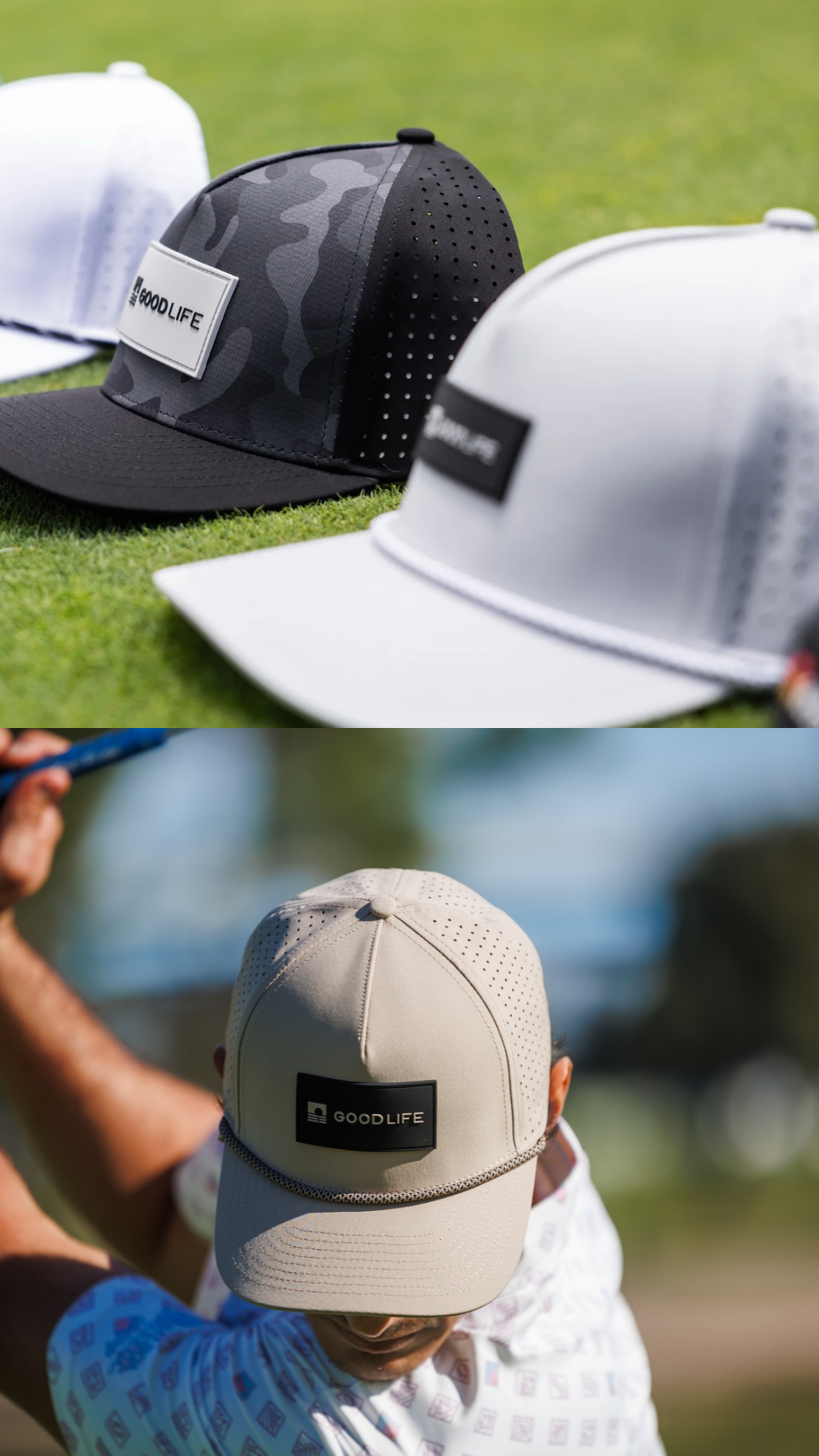Good Life Golf performance snapbacks in camo and white on a golf course, and a golfer mid-swing wearing a khaki rope snapback.