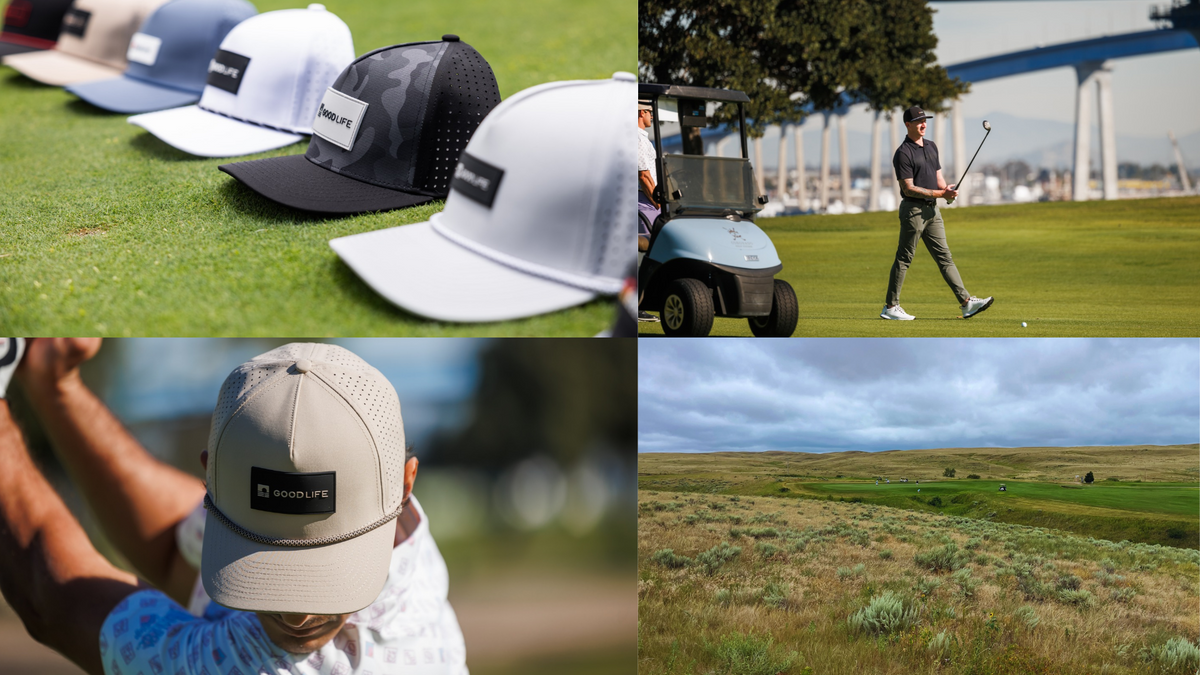 Good Life Golf performance snapbacks lined up on a golf course, a golfer near the Coronado Bridge in San Diego, a khaki rope snapback mid-swing, and a Nebraska Sandhills golf course.