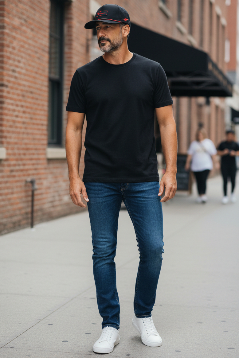 Man wearing a black t-shirt, Nebraska hat, blue jeans, and white sneakers walking on a city street.