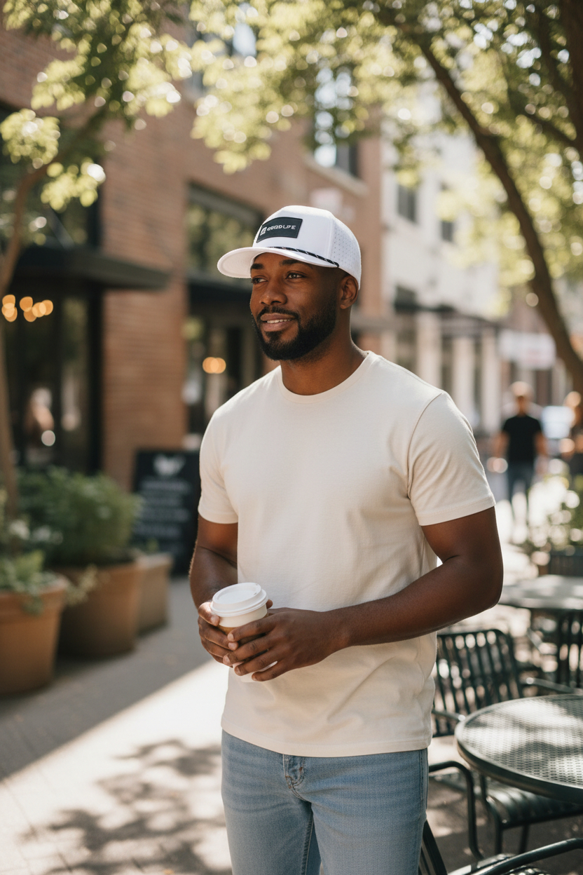 Man holding a coffee cup on a city street wearing a white hat that reads 'GOOD LIFE'