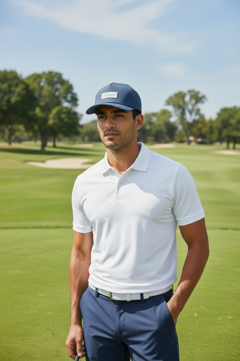 Man in a white polo shirt and blue cap that reads 'GOOD LIFE' standing on a golf course