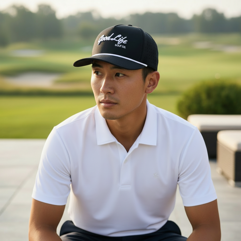 Man wearing a white polo shirt and Navy Blue cap with 'Good Life' branding on a golf course.