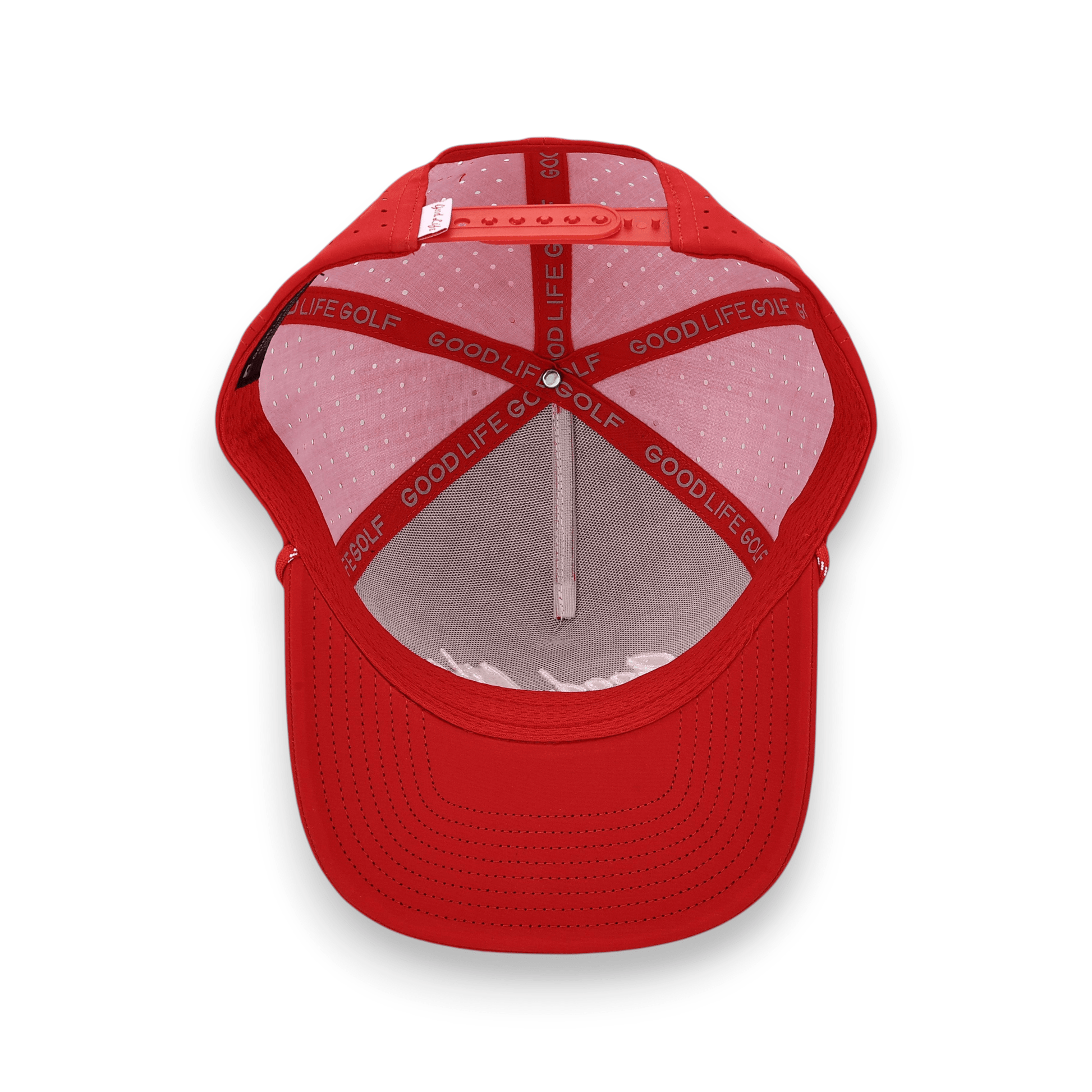 Good Life Golf Performance Big Red Snapback with embroidered lettering white front rope, water and sweat resistant perforated sides.  Nebraska inspired.  
