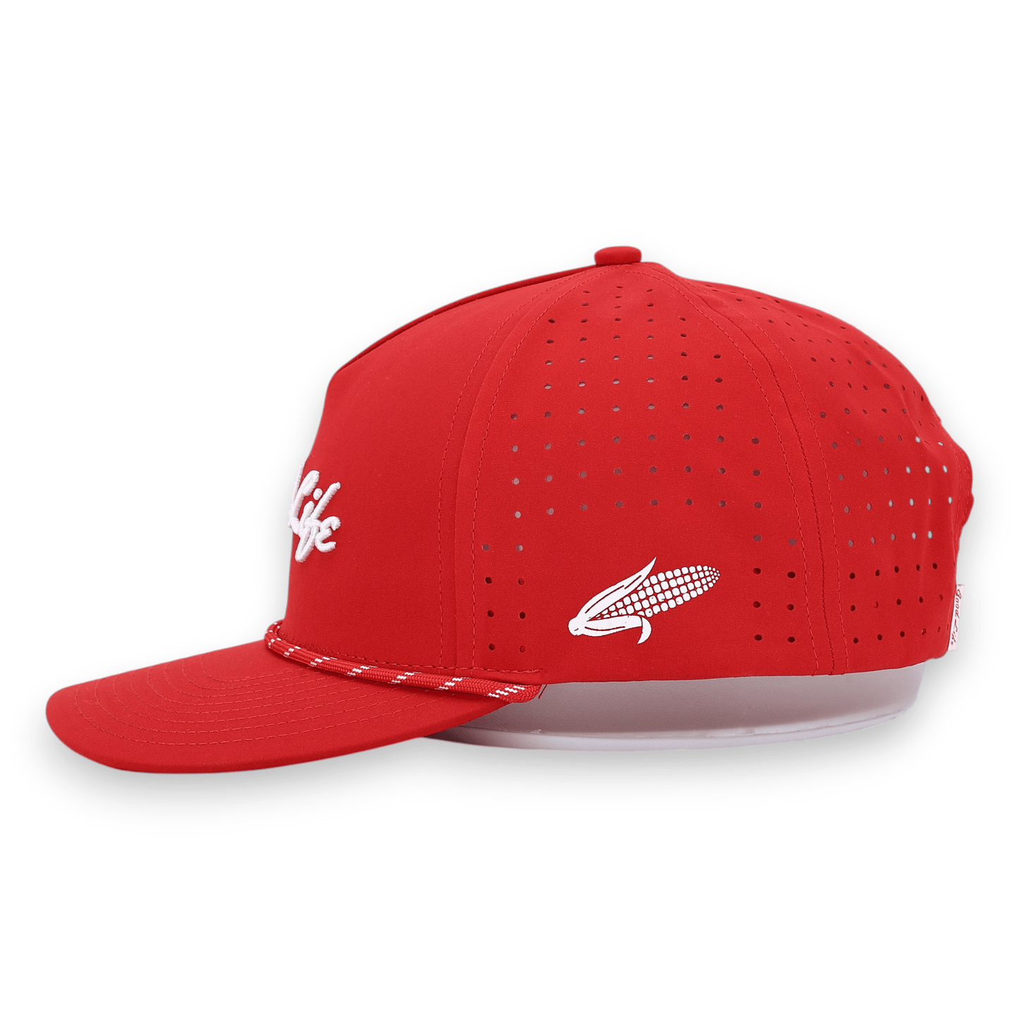 Good Life Golf Performance Big Red Snapback with embroidered lettering white front rope, water and sweat resistant perforated sides.  Nebraska inspired.  