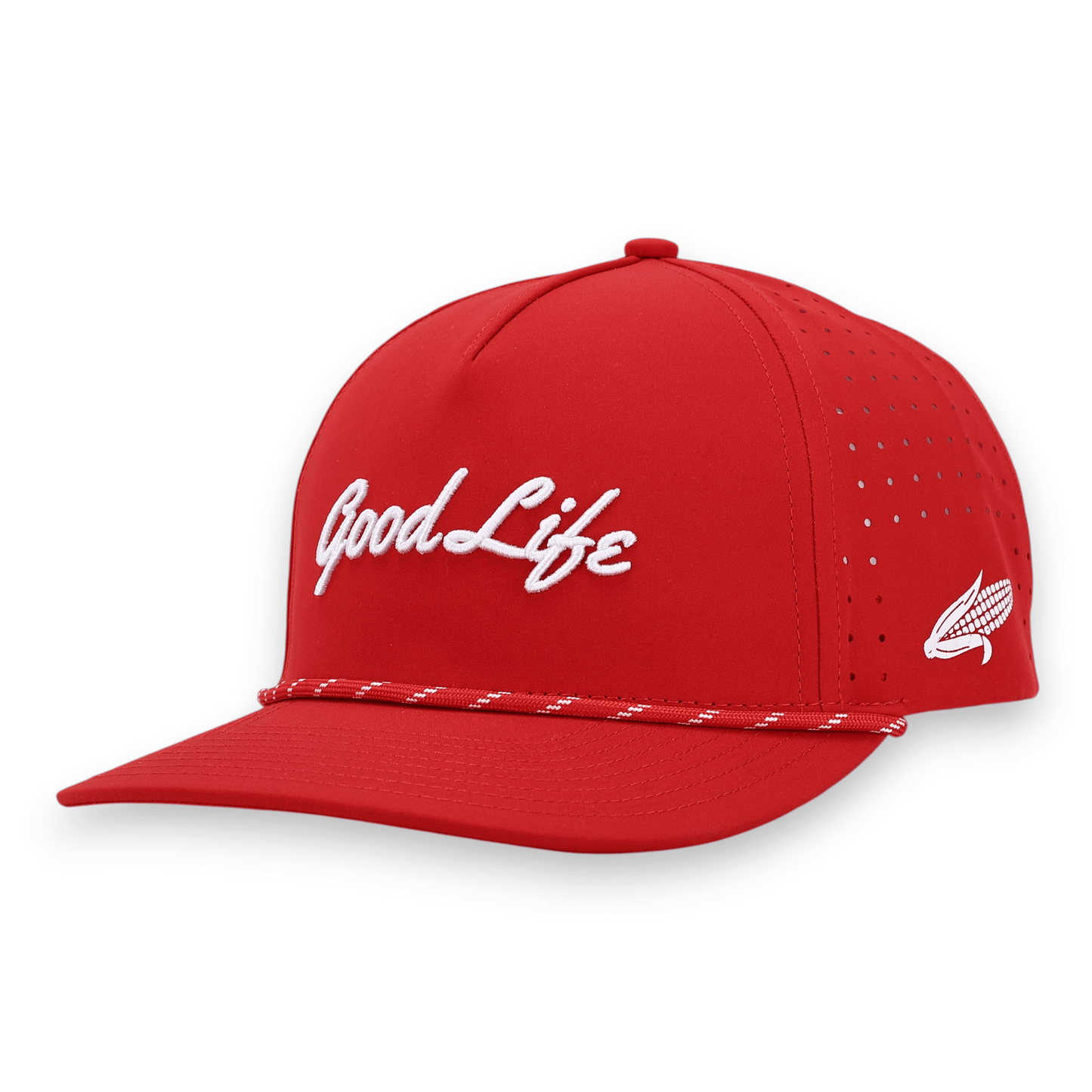 Good Life Golf Performance Big Red Snapback with embroidered lettering white front rope, water and sweat resistant perforated sides.  Nebraska inspired.  