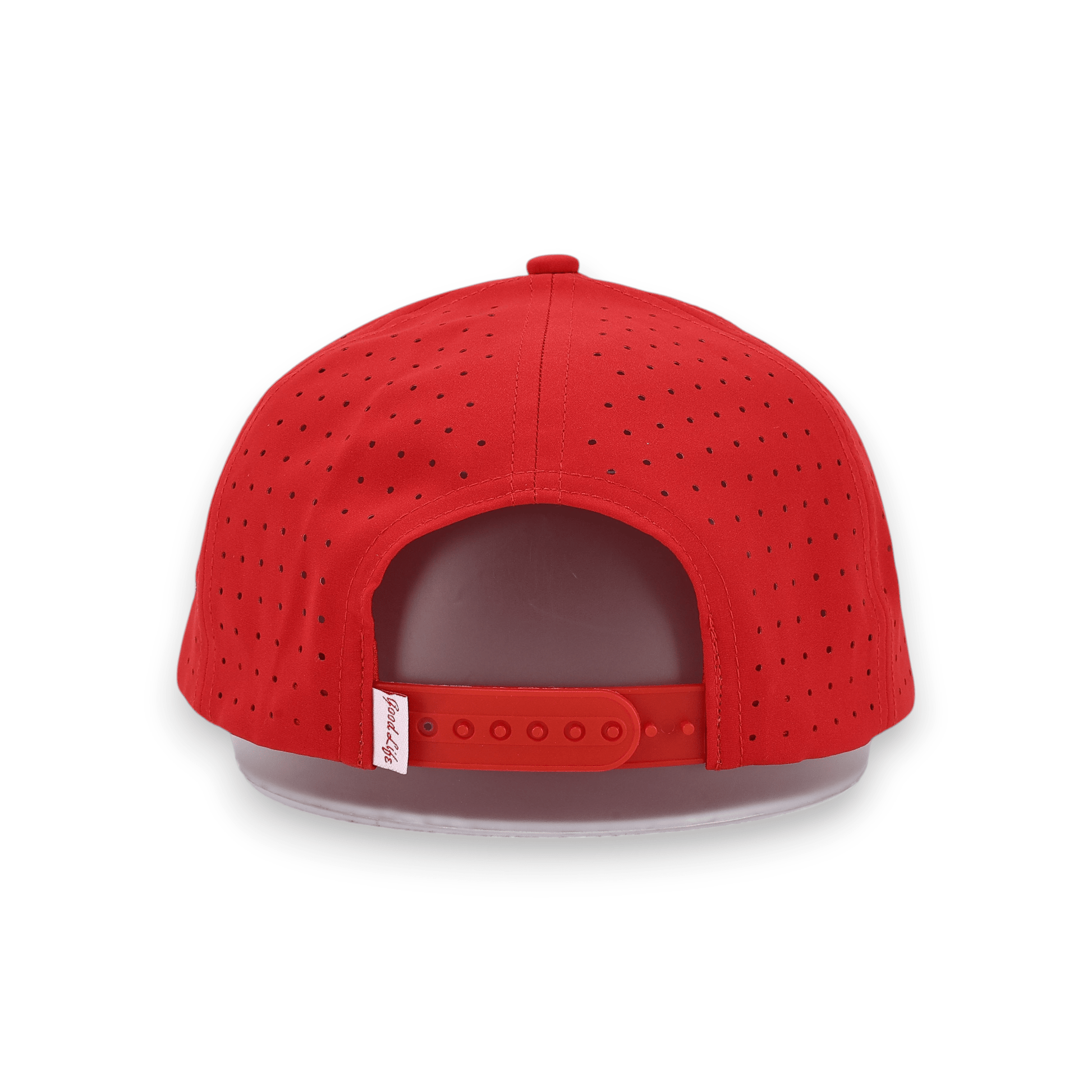 Good Life Golf Performance Big Red Snapback with embroidered lettering white front rope, water and sweat resistant perforated sides.  Nebraska inspired.  