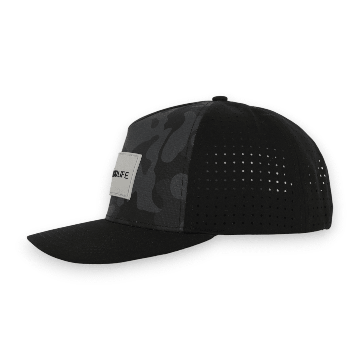 Good Life Golf Performance Black Camo Snapback with gray and black PVC patch water and sweat resistant perforated sides.  