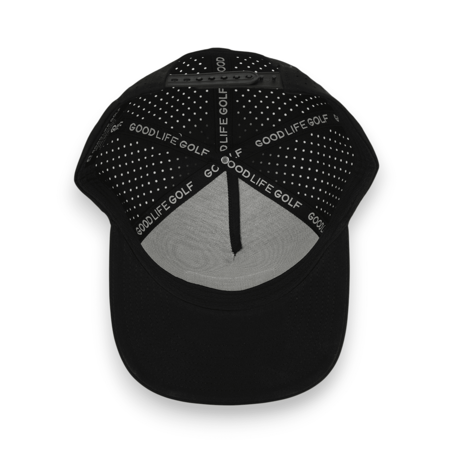 Good Life Golf Performance Black Camo Snapback with gray and black PVC patch water and sweat resistant perforated sides.  