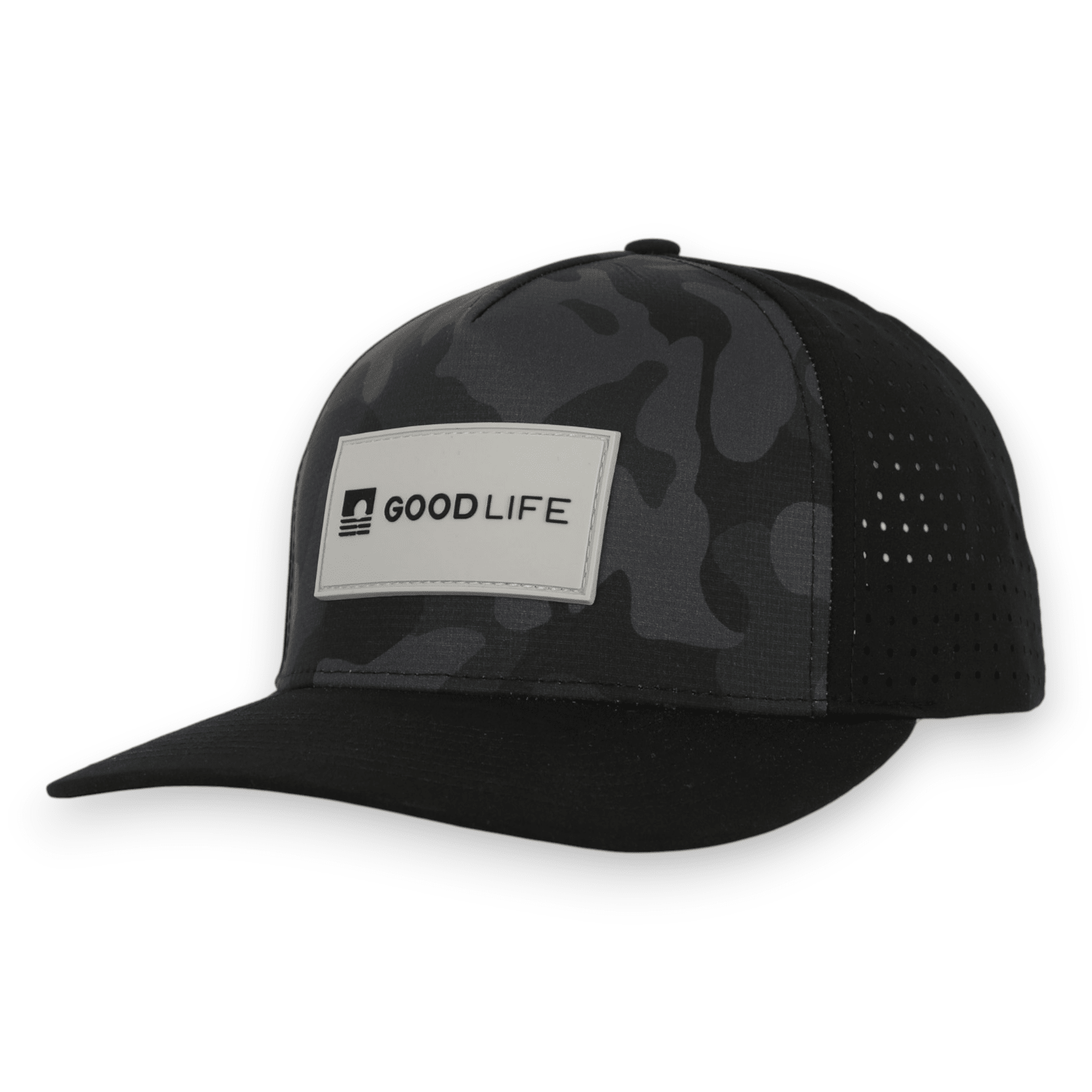 Good Life Golf Performance Black Camo Snapback with gray and black PVC patch water and sweat resistant perforated sides.  