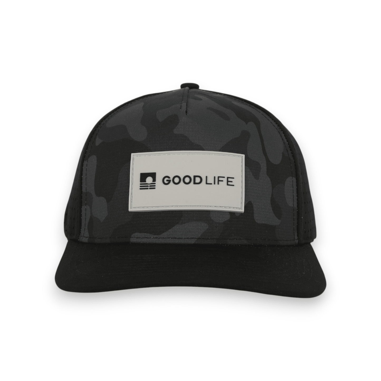 Good Life Golf Performance Black Camo Snapback with gray and black PVC patch water and sweat resistant perforated sides.  