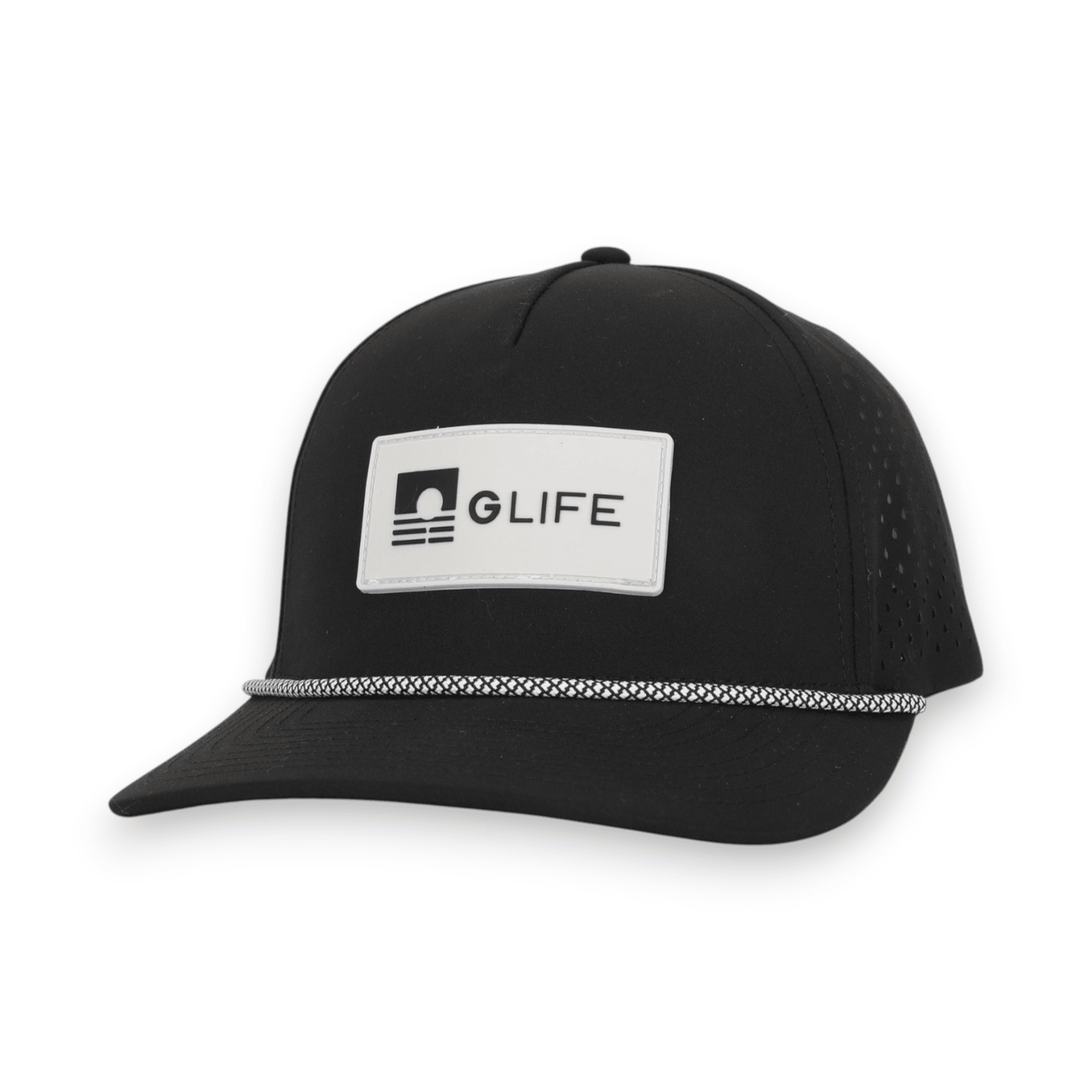 Good Life Golf Performance Classic Black GLIFE Snapback with black and gray PVC patch water and sweat resistant perforated sides.  