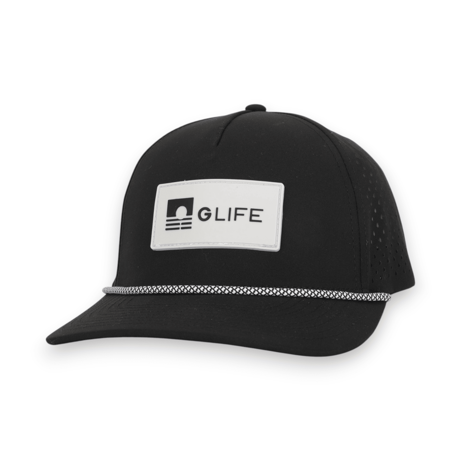 Good Life Golf Performance Classic Black GLIFE Snapback with black and gray PVC patch water and sweat resistant perforated sides.  
