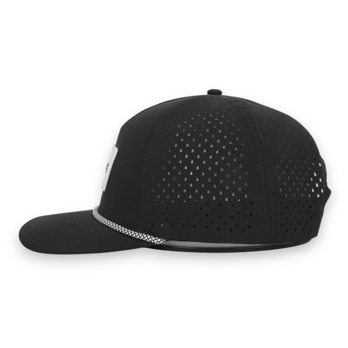 Good Life Golf Performance Classic Black GLIFE Snapback with black and gray PVC patch water and sweat resistant perforated sides.  