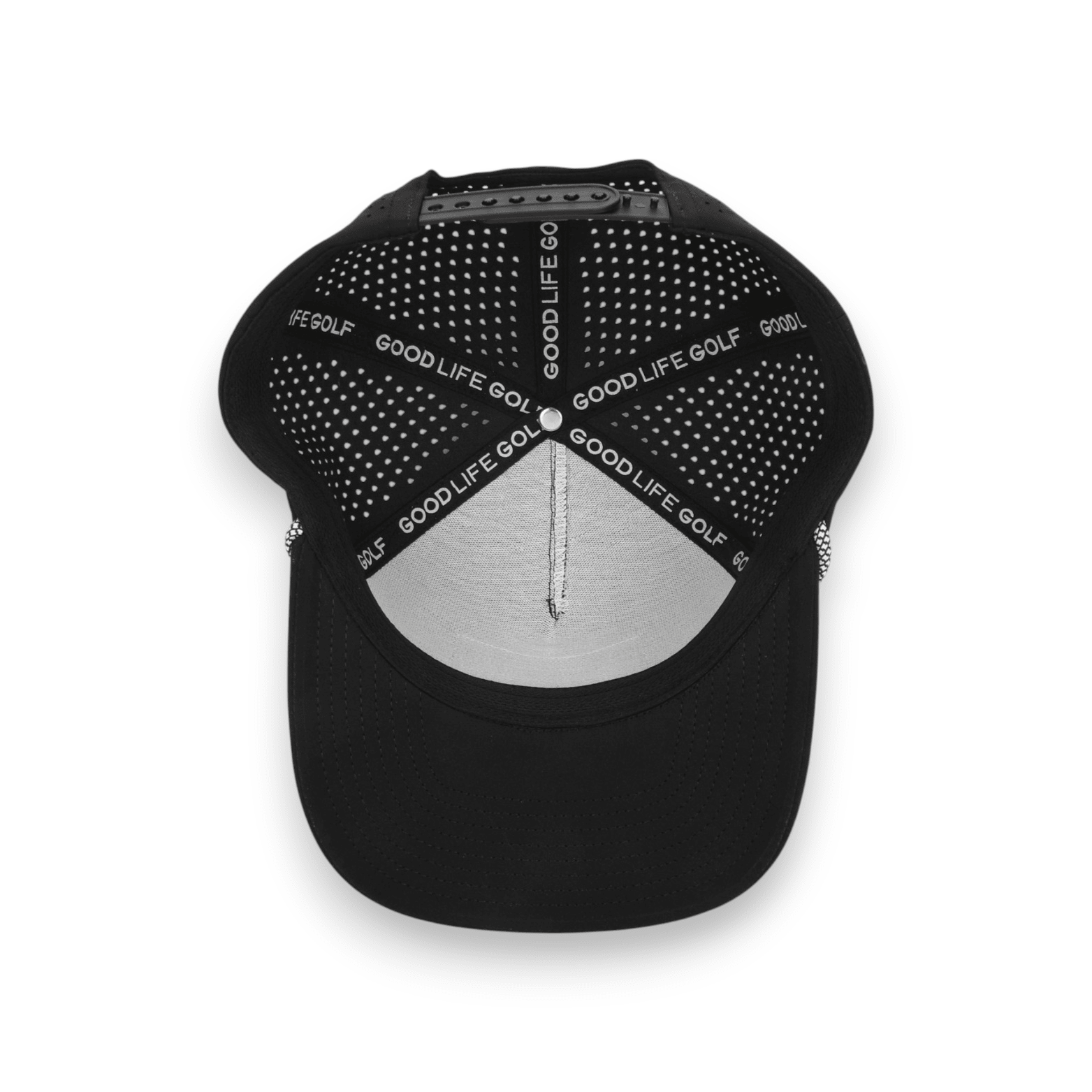 Good Life Golf Performance Classic Black GLIFE Snapback with black and gray PVC patch water and sweat resistant perforated sides.  