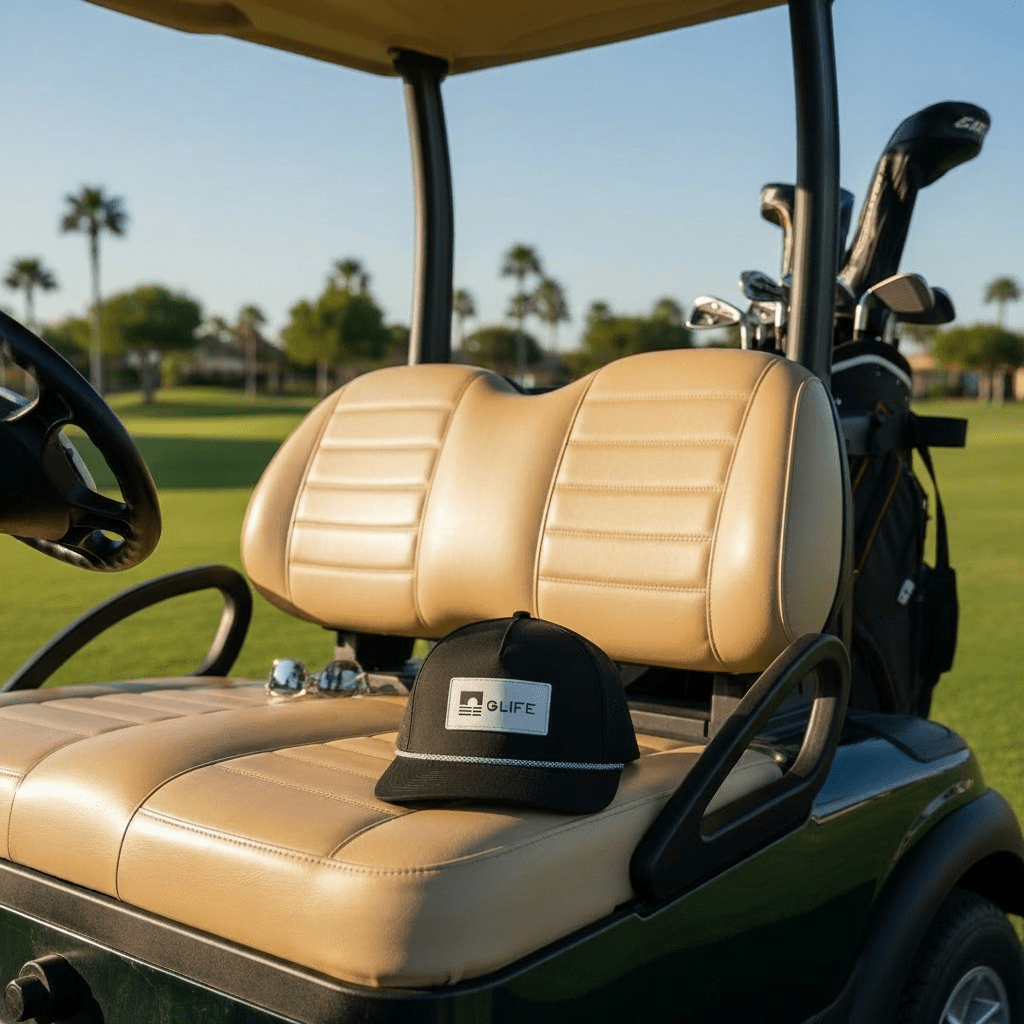 Golf cart with beige seat and Good Life Golf Performance Classic Black GLIFE Snapback with black and gray PVC patch water and sweat resistant perforated sides.  