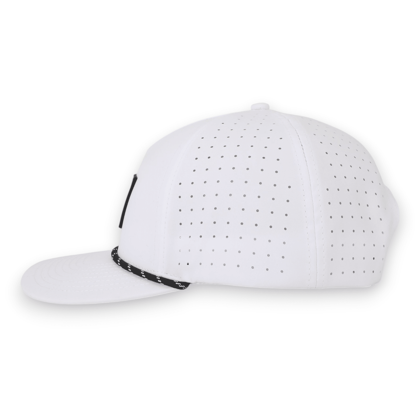 Good Life Golf Performance Classic White Snapback with black and white PVC patch water and sweat resistant perforated sides.  
