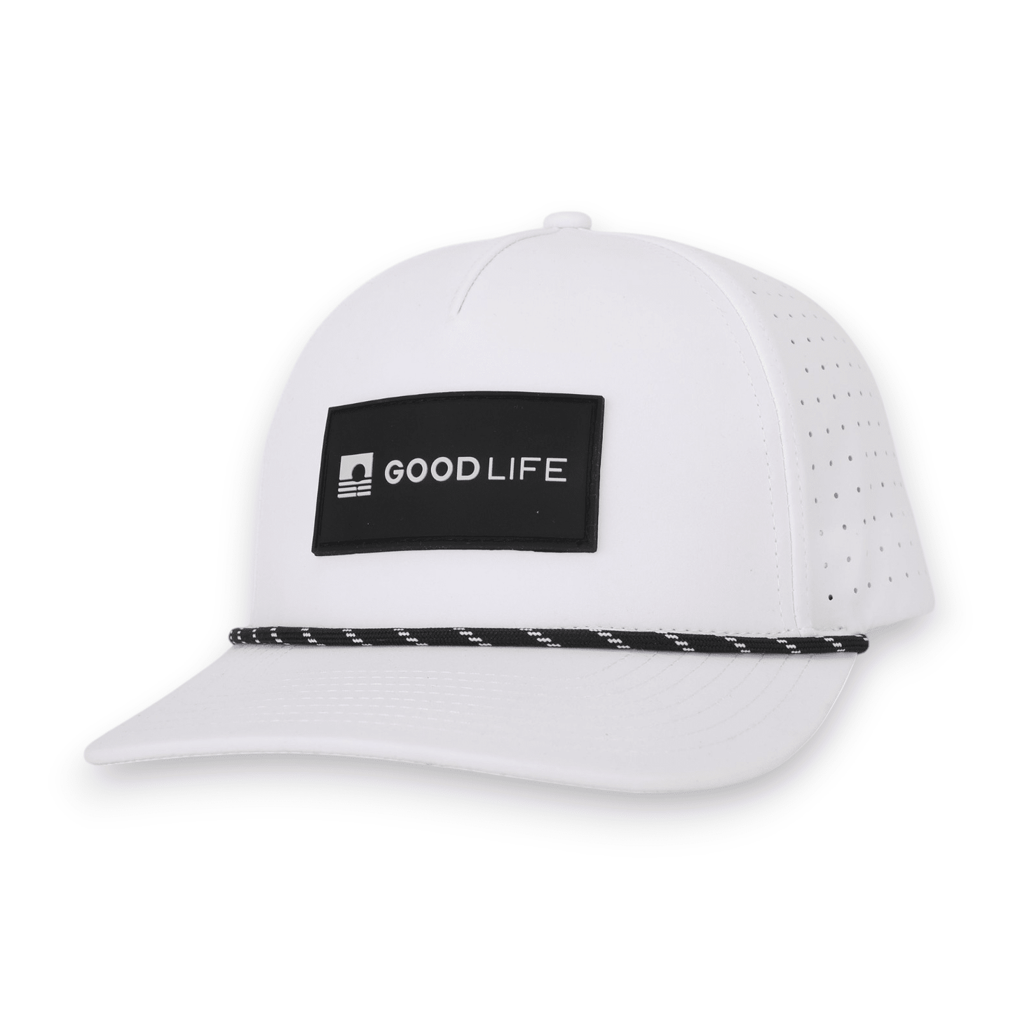 Good Life Golf Performance Classic White Snapback with black and white PVC patch water and sweat resistant perforated sides.  