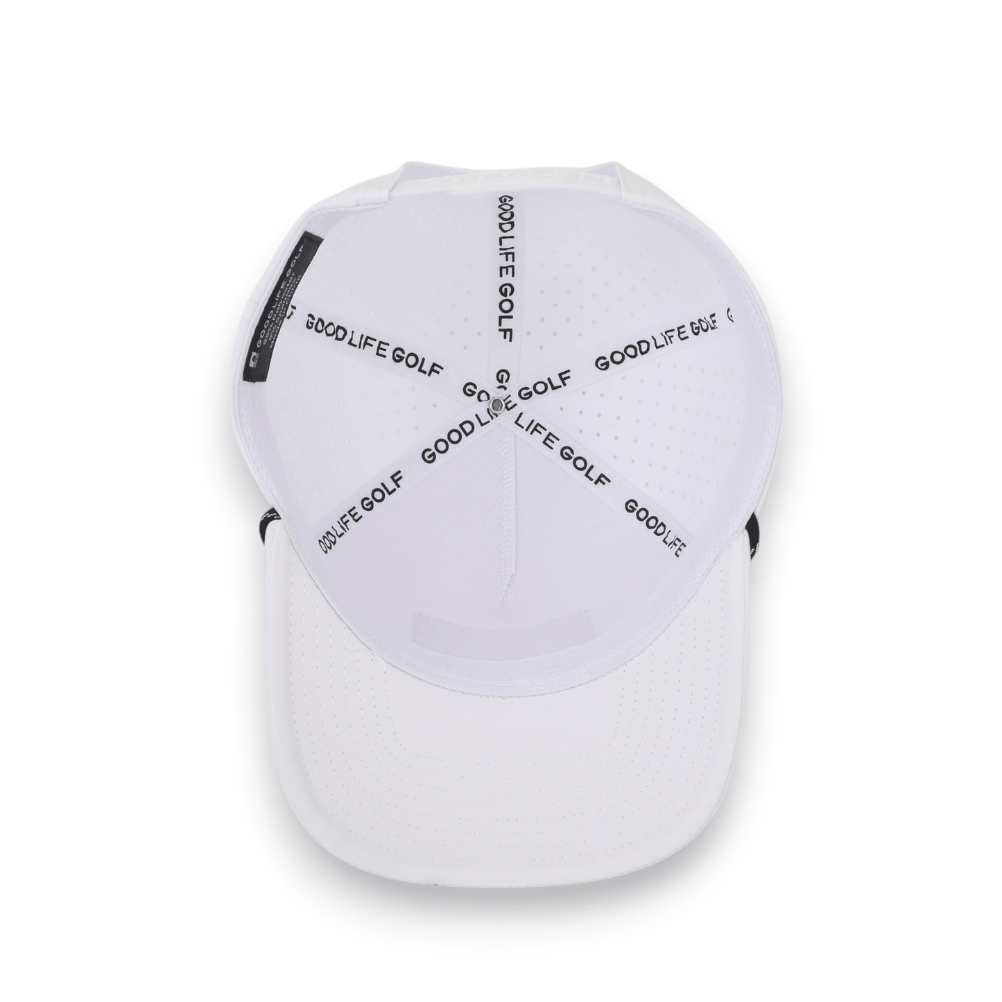 Good Life Golf Performance Classic White Snapback with black and white PVC patch water and sweat resistant perforated sides.  