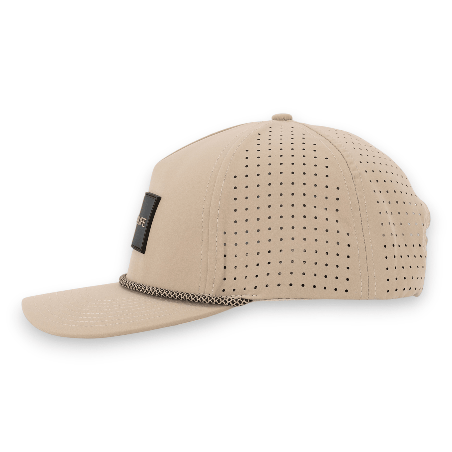 Good Life Golf Performance Desert Khaki Snapback with black and khaki front PVC patch black and khaki checkered rope, water and sweat resistant perforated sides.  