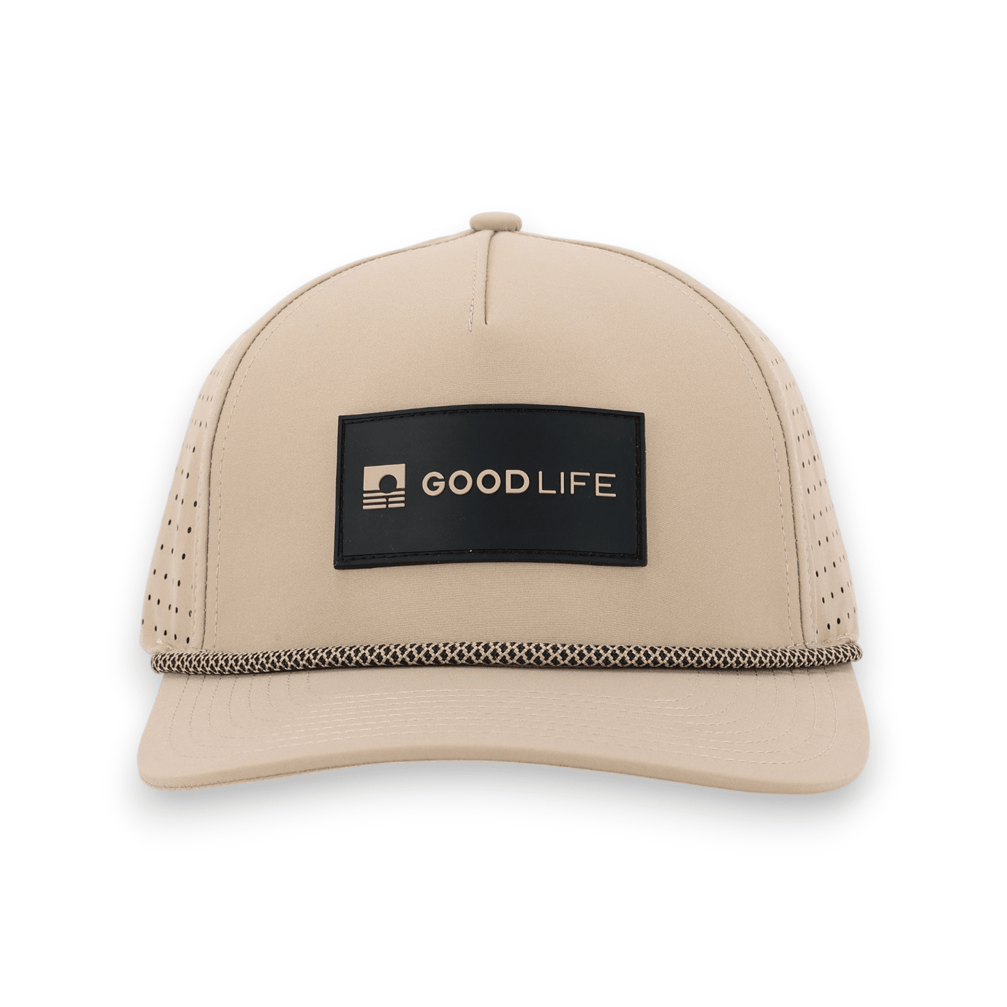 Good Life Golf Performance Desert Khaki Snapback with black and khaki front PVC patch black and khaki checkered rope, water and sweat resistant perforated sides.  