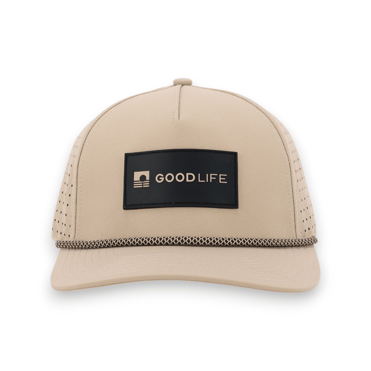 Good Life Golf Performance Desert Khaki Snapback with black and khaki front PVC patch black and khaki checkered rope, water and sweat resistant perforated sides.  