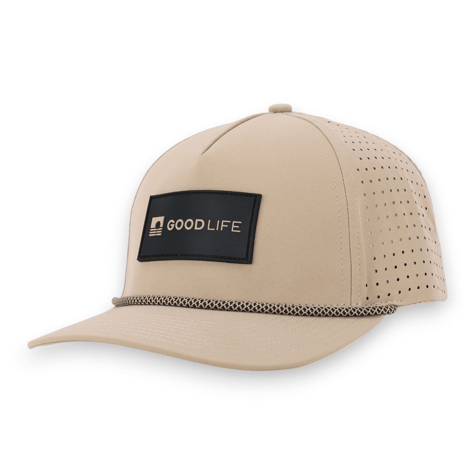 Good Life Golf Performance Desert Khaki Snapback with black and khaki front PVC patch black and khaki checkered rope, water and sweat resistant perforated sides.  