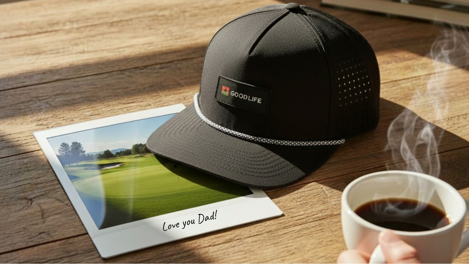 Black Good Life Golf snapback with a logo on a wooden table next to a coffee cup and photo